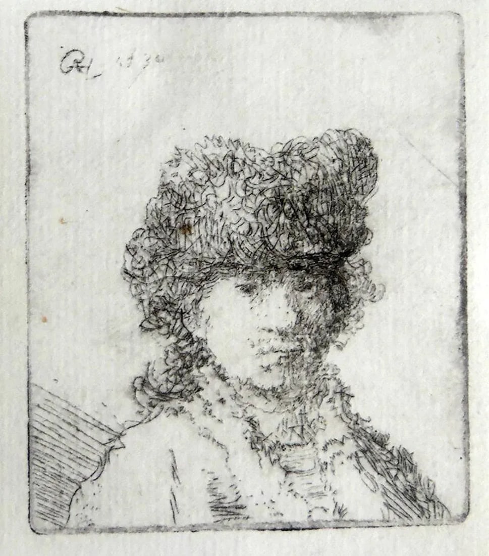Original Rembrandt Van Rijn Self Portrait in Fur Cap 1630: Rembrandt van Rijn Self Portrait in Fur Cap: Bust 1630 Etching, Drypoint Size: 2.5x2 in | 6x5 cm plus margins Signed and Dated: "RHL, 1630" faintly, on the upper left Artist lifetime printing.