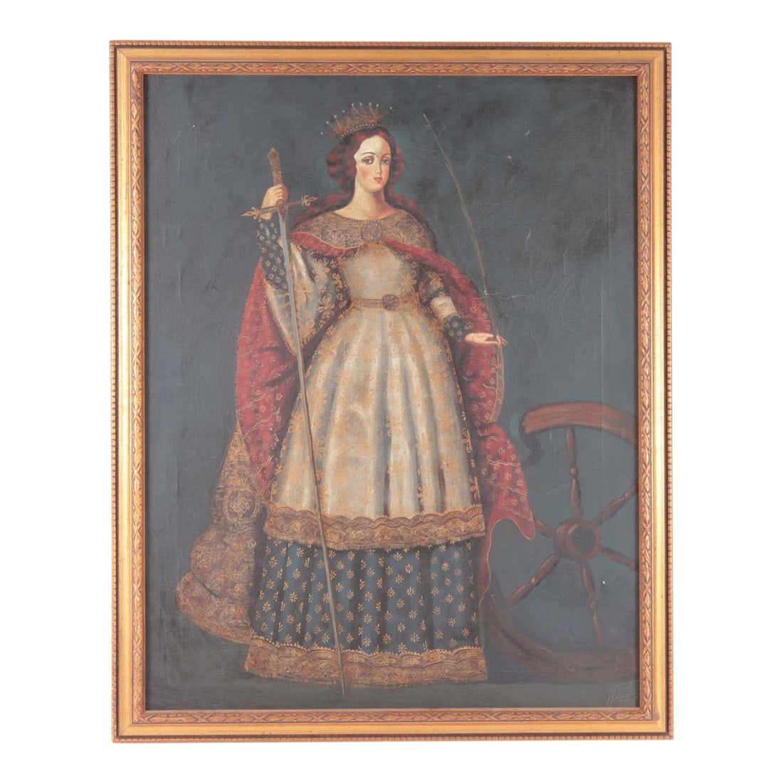 Oil Painting on Canvas Spanish Colonial School 19th Century Saint Catherine of Alexandria: Probably 19th century maybe earlier Spanish colonial school portrait of Saint Catherine of Alexandria. Some cracking. Frame looks more modern. Painting may have been restretched Condition: