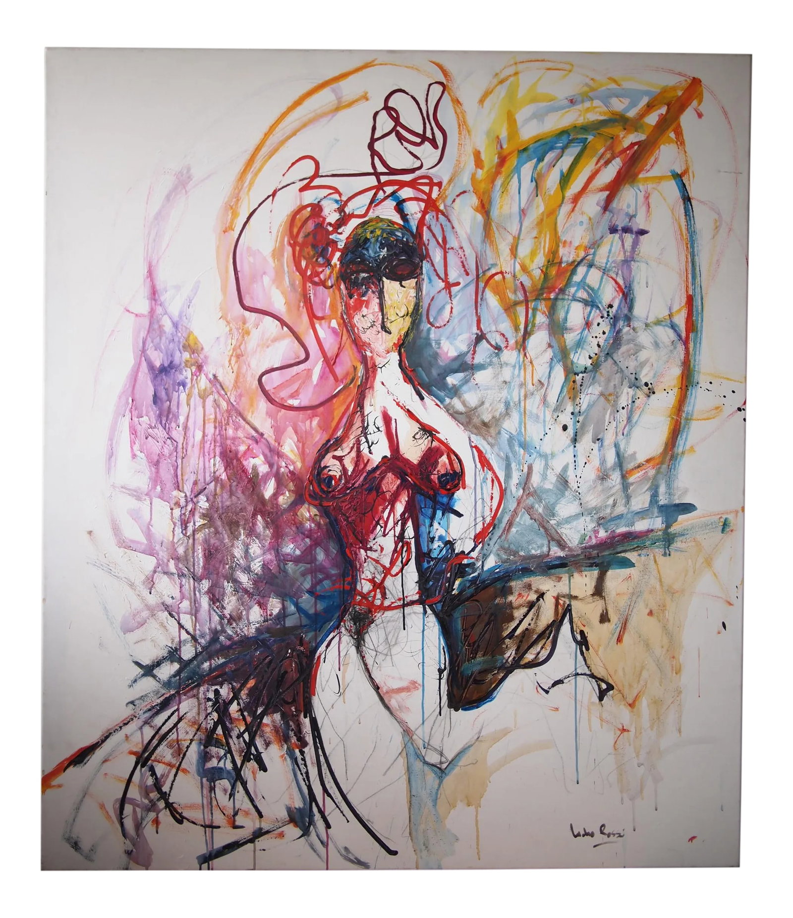 Original Lucho Rossi Large-Scale Abstract Expressionist Female Portrait Acrylic on Canvas Painting: Beautiful, colorful large-scale abstract expressionist nude female portrait by Argentinian contemporary artist LUCHO ROSSI. Titled "Priscila Baila", 2008. Acrylic paint on stretched canvas. Signed low