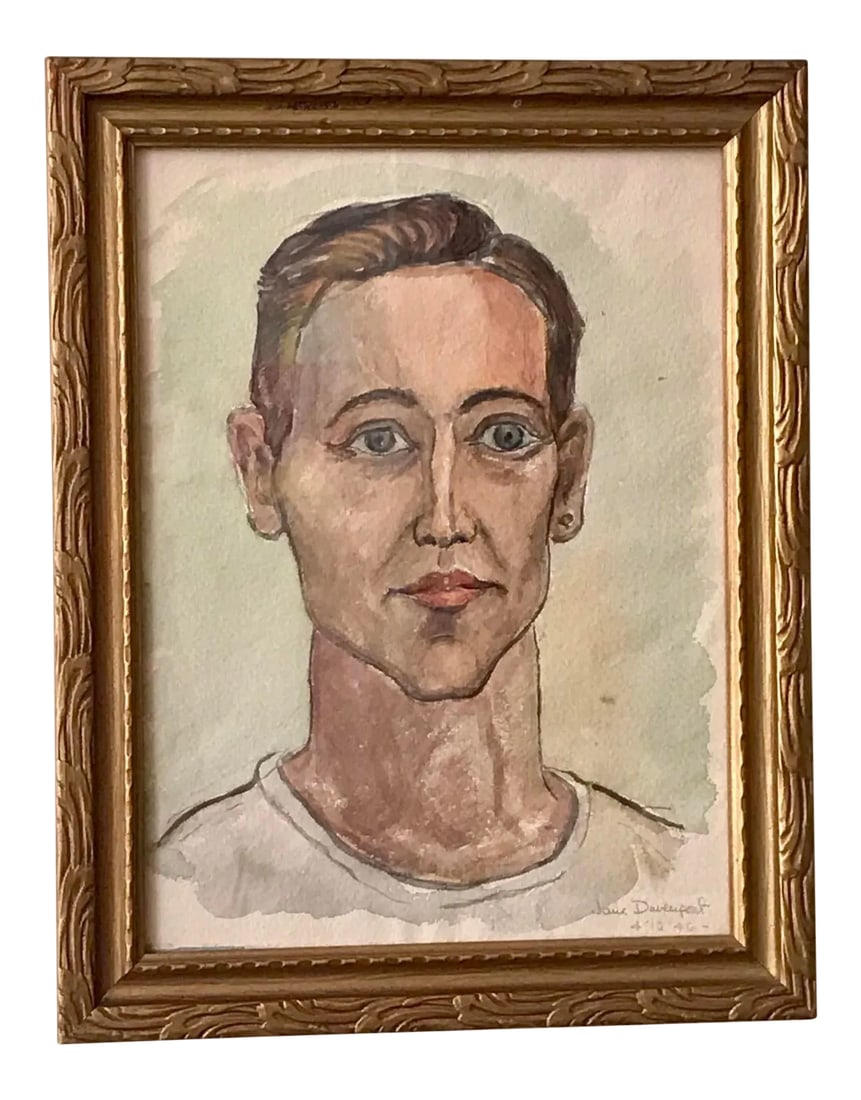 1940s Jane Davenport Watercolor Painting: Fabulous decorative Jane Davenport alluring watercolor depicting a young man wearing an earring in his left ear. Very handsome piece. In original framing. USA Period: c.1946 Artist: Jane Davenport,