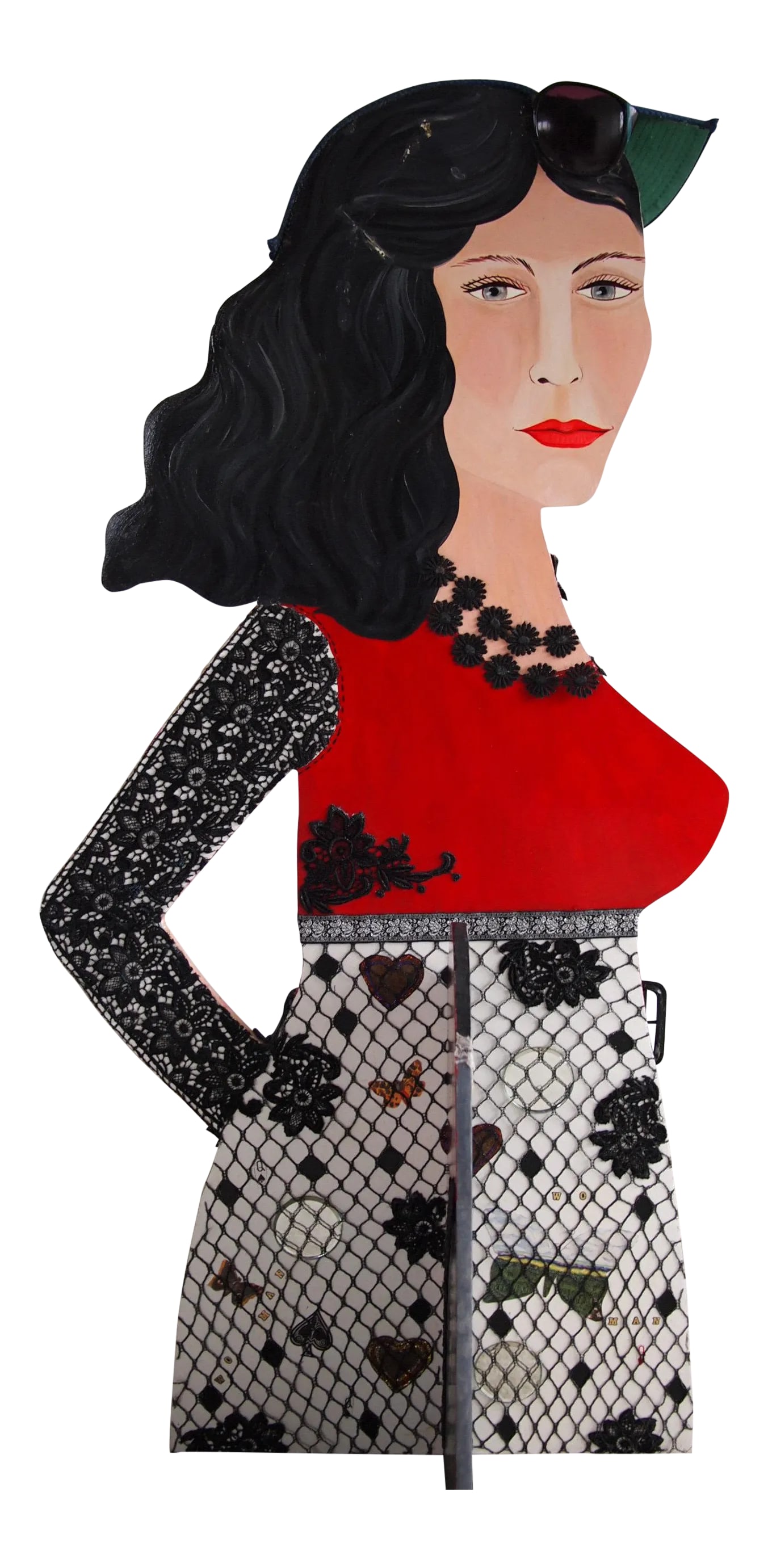 1980s Original Arona Reiner Mid-Century Modern Postmodern Surrealist Plastic Portrait Female 3-D Dou: Post-modern 3-D double-sided sculpture with surrealist decor elements by Jewish artist Arona Reiner (b. 1940; American / New York, Israel), depicting two women dressed in interesting outfits with vari