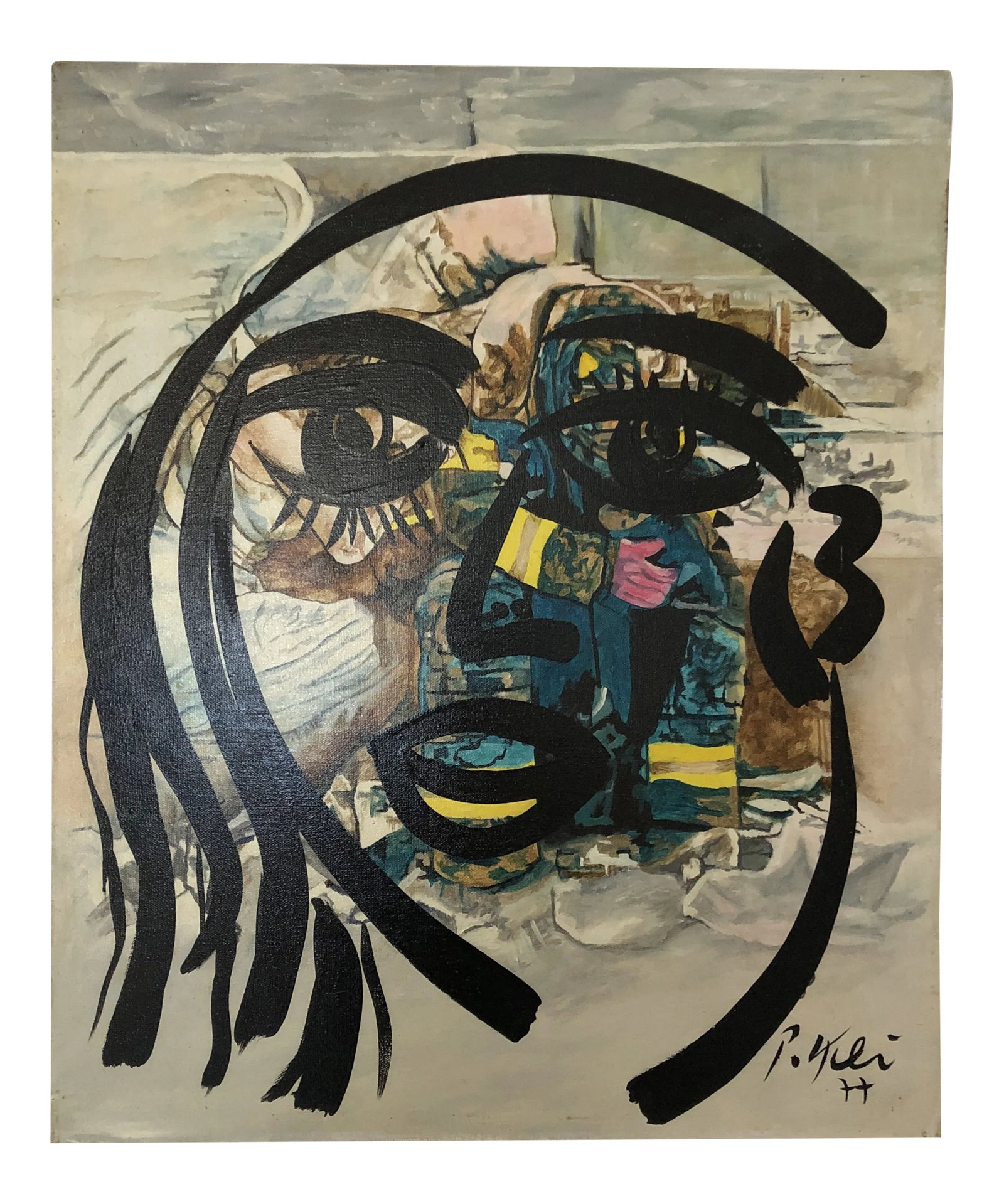 1977 "Angel of Life" Abstract Face Oil Painting by Peter Robert Keil: Quality 20 x 24 Abstract Expressionist Peter Keil Modernist Picasso style Face Portrait with Black Outline on a Creme Angel Portrait Background behind flashes and lfiner brush strokes of Blue and