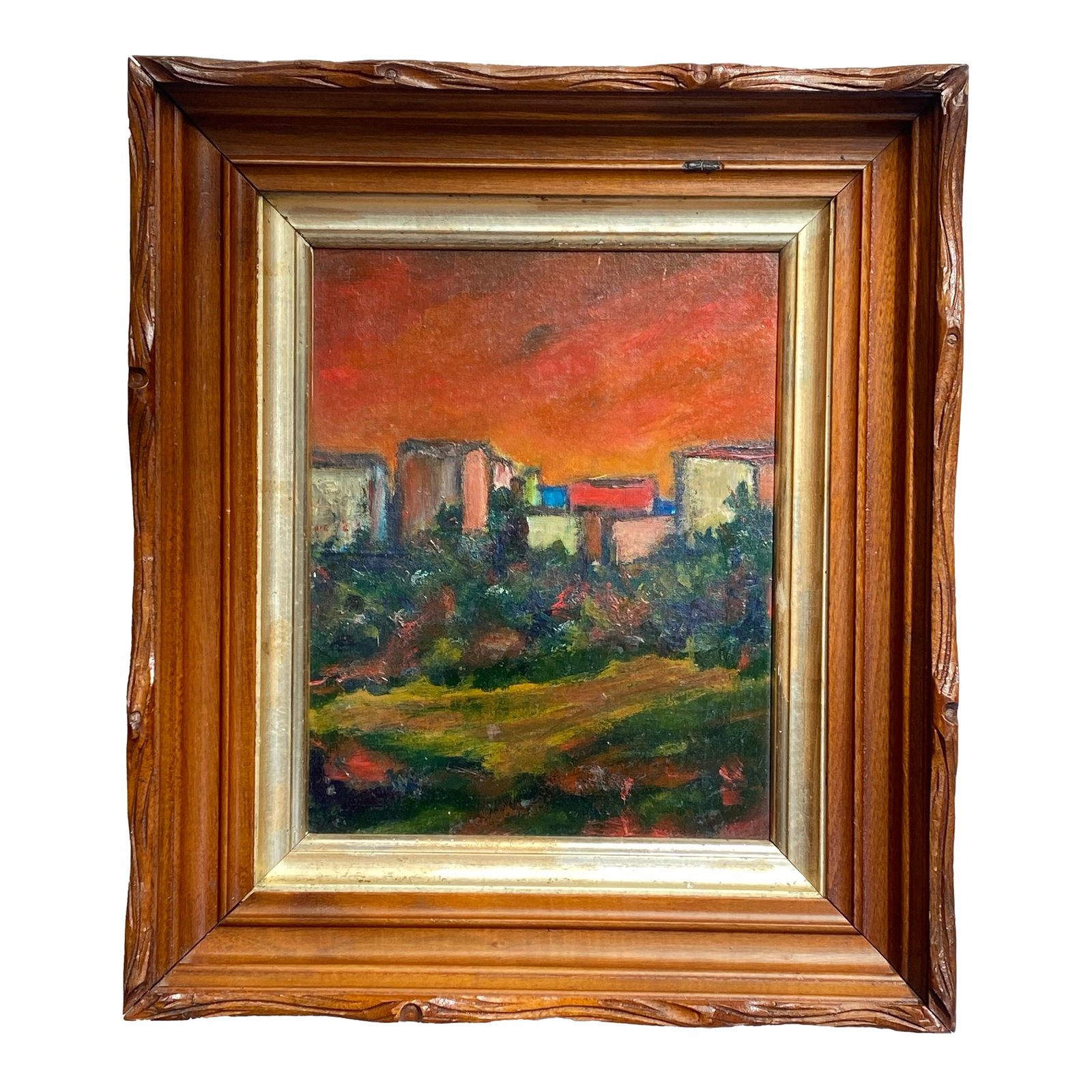 Mid 20th Century Original Mid Century Abstract Landscape Oil Painting in Antique Carved Wood Frame: Fantastic mid 20th century abstract landscape painting paired with an antique carved wood frame with lemon gold inner frame. Oil on art board. Illegibly signed in the lower right corner (appears to