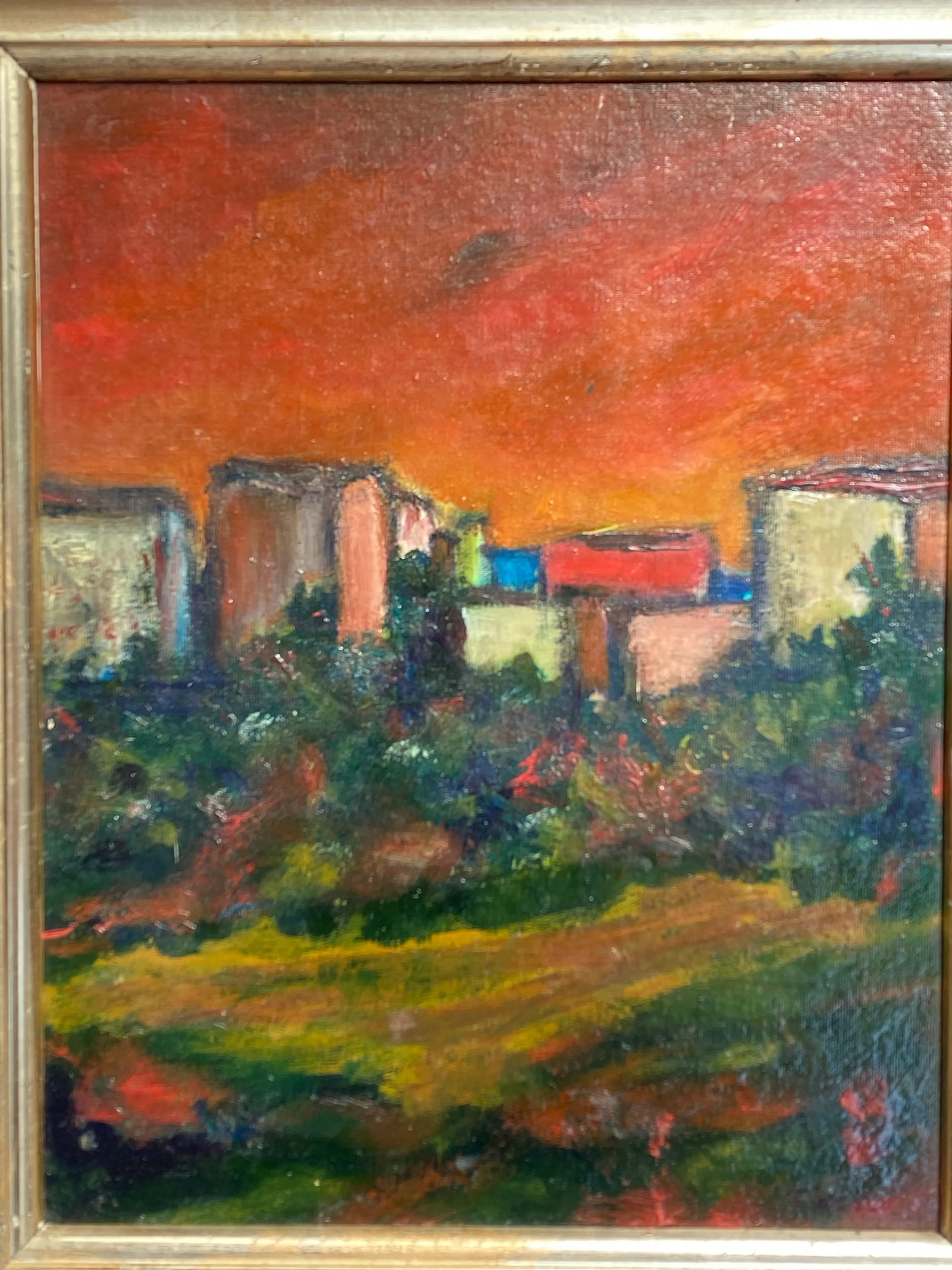 Mid 20th Century Original Mid Century Abstract Landscape Oil Painting in Antique Carved Wood Frame - 2