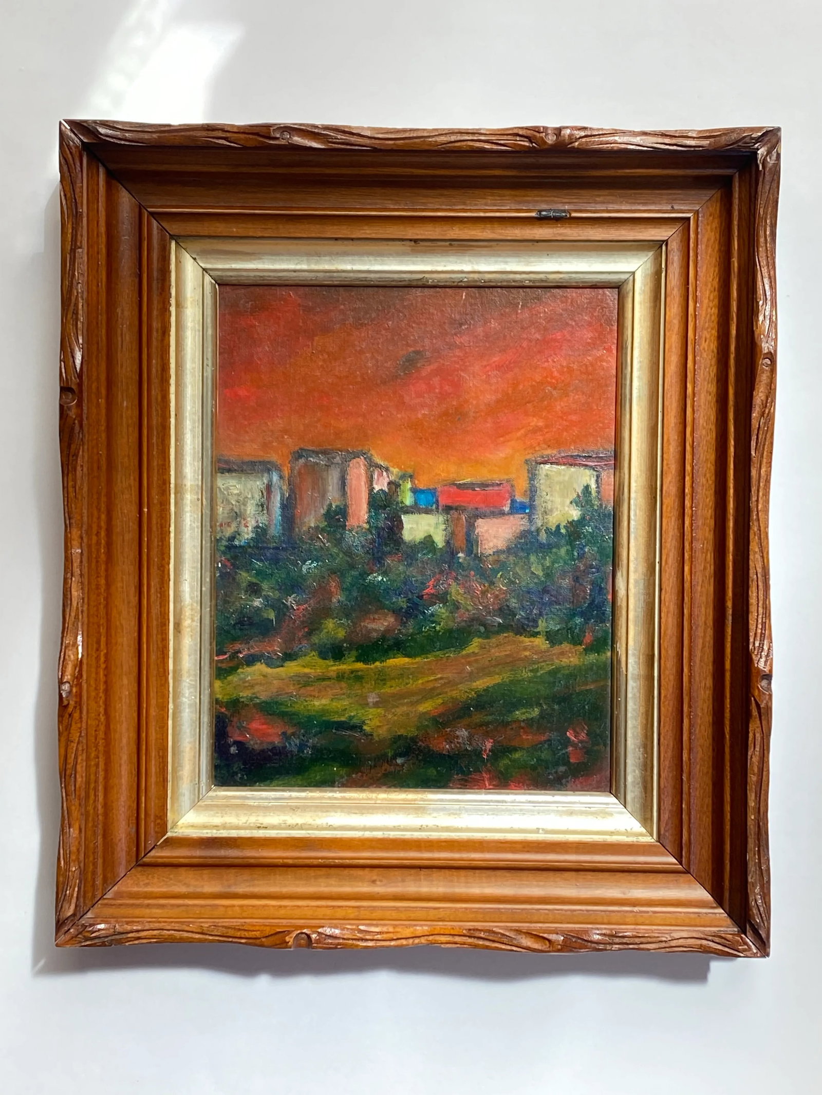 Mid 20th Century Original Mid Century Abstract Landscape Oil Painting in Antique Carved Wood Frame - 3
