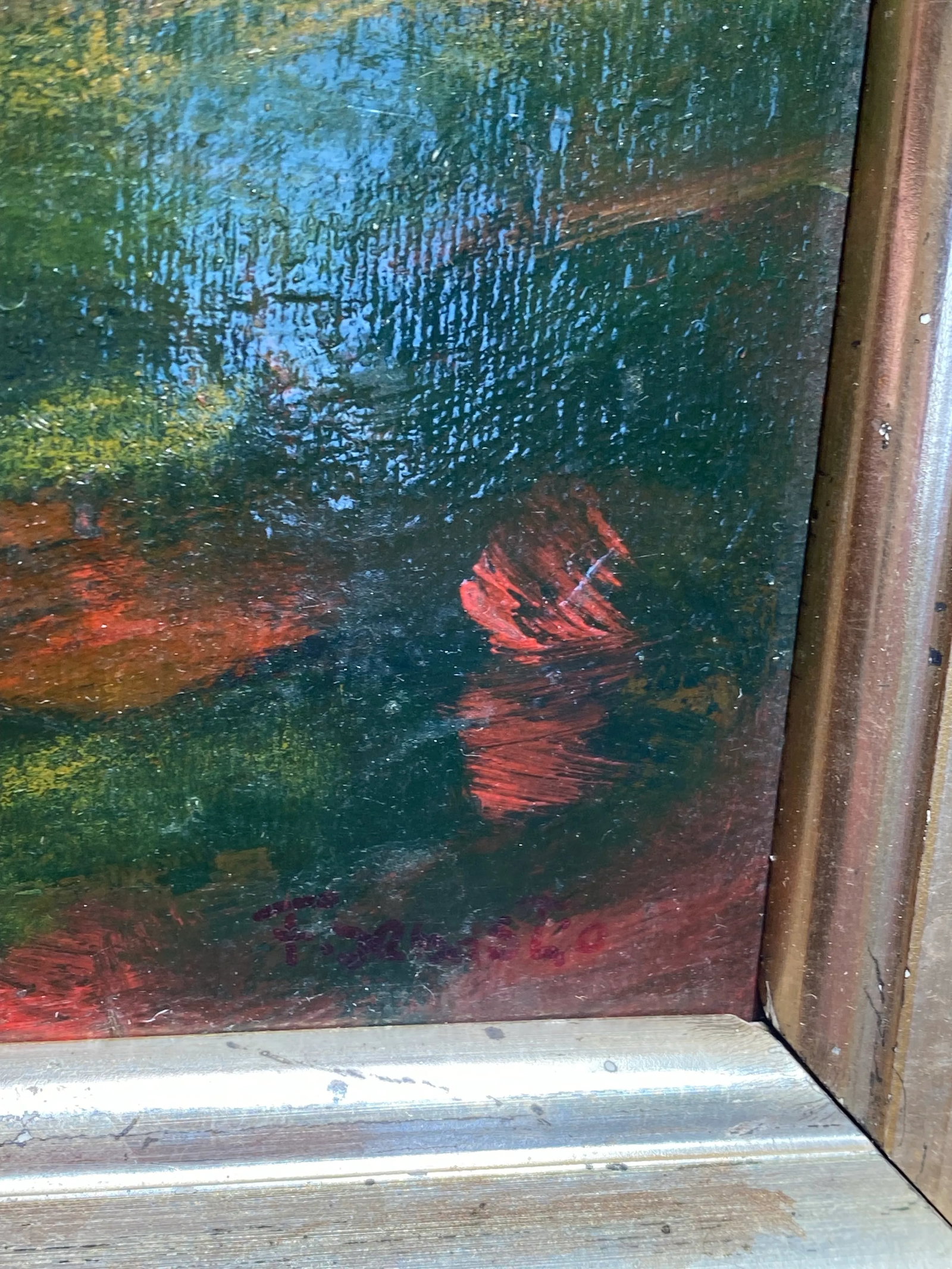 Mid 20th Century Original Mid Century Abstract Landscape Oil Painting in Antique Carved Wood Frame - 7