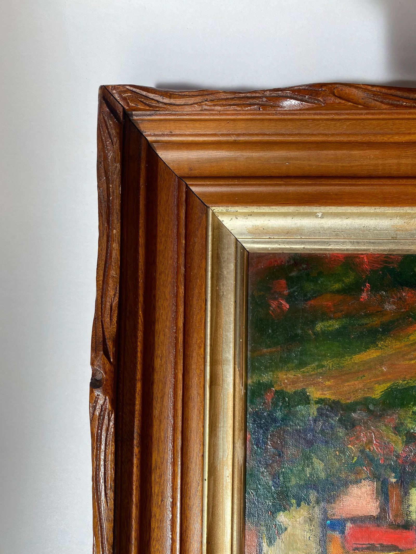 Mid 20th Century Original Mid Century Abstract Landscape Oil Painting in Antique Carved Wood Frame - 9