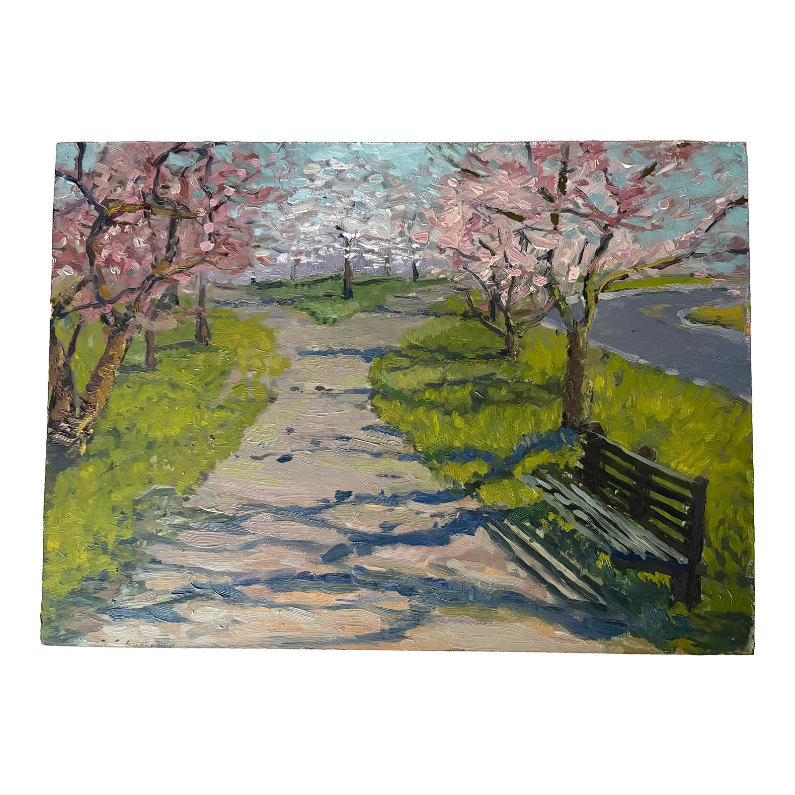 1970s Vintage Oil Painting - Art Students League of Ny: A vintage oil painting on masonite of a pathway of Spring blossoms. Condition: Alterations: Original Condition Unaltered Imperfections: Some Imperfections Condition Notes: Excellent Origin: United