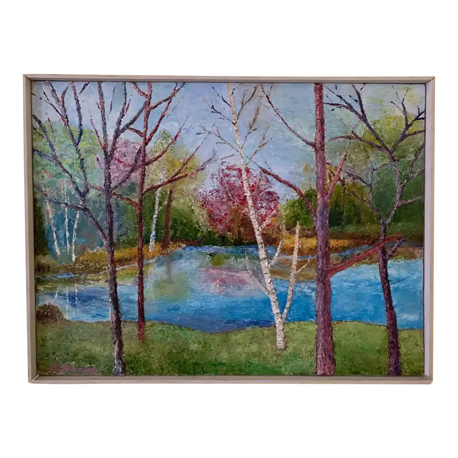 1960s Vintage Oil Painting - Spring Landscape, Framed: Trees on a lake in the Spring signed by the artist. Condition: Alterations: Original Condition Unaltered Imperfections: Some Imperfections Condition Notes: Excellent Origin: United States Materials
