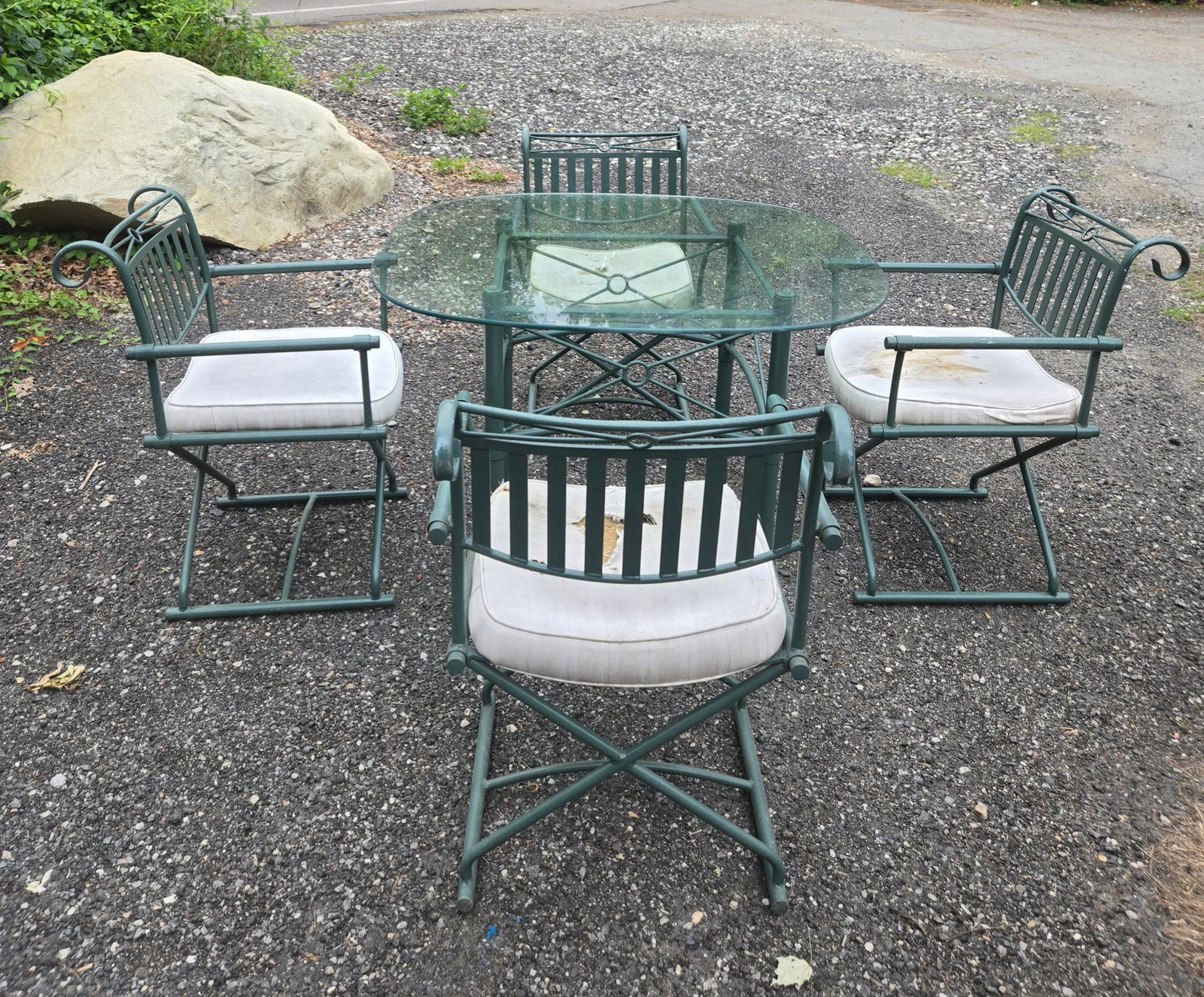 Vintage Wrought Iron Outdoor Patio Table With 4 Directors Chairs - 10