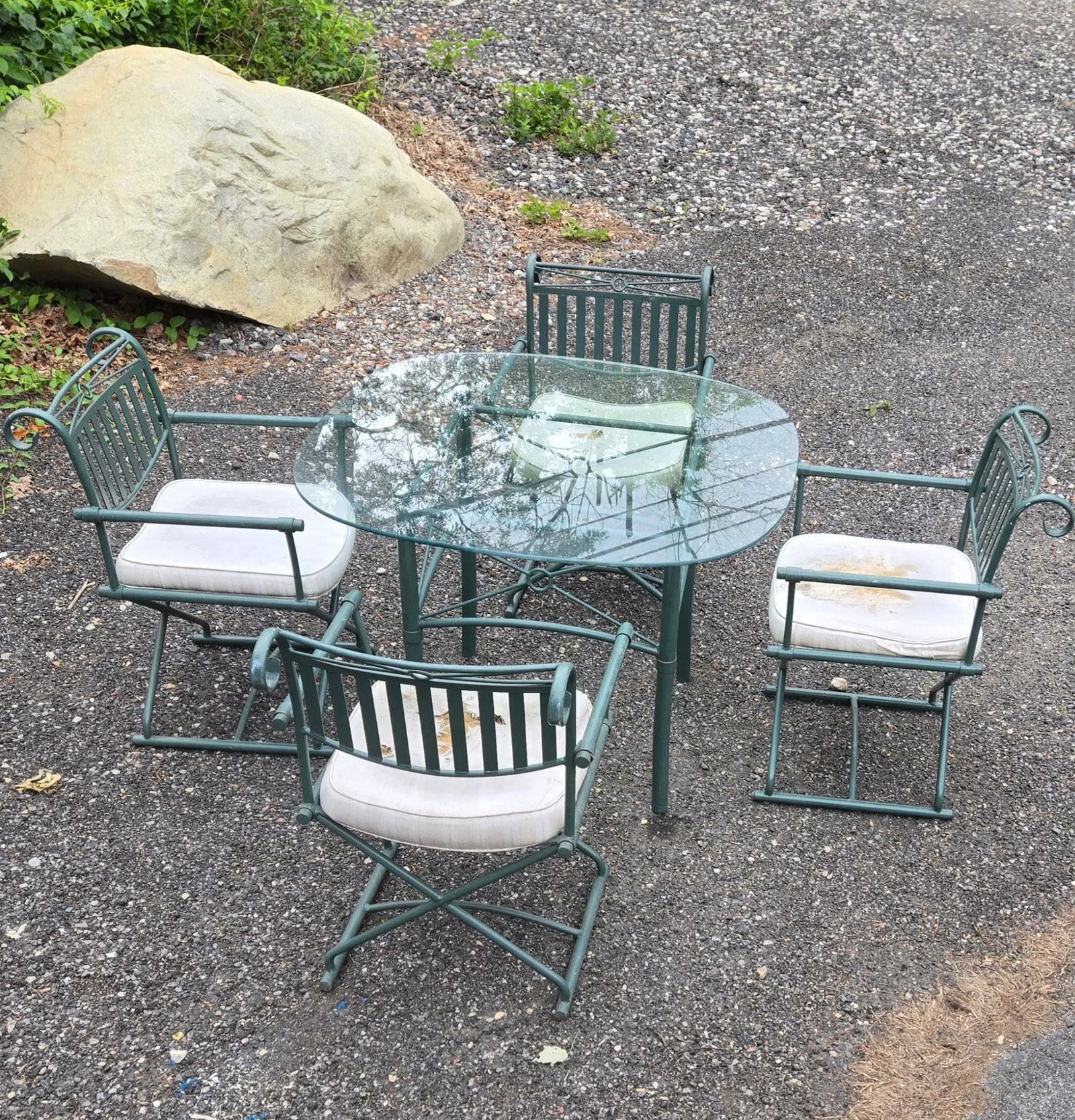 Vintage Wrought Iron Outdoor Patio Table With 4 Directors Chairs - 2