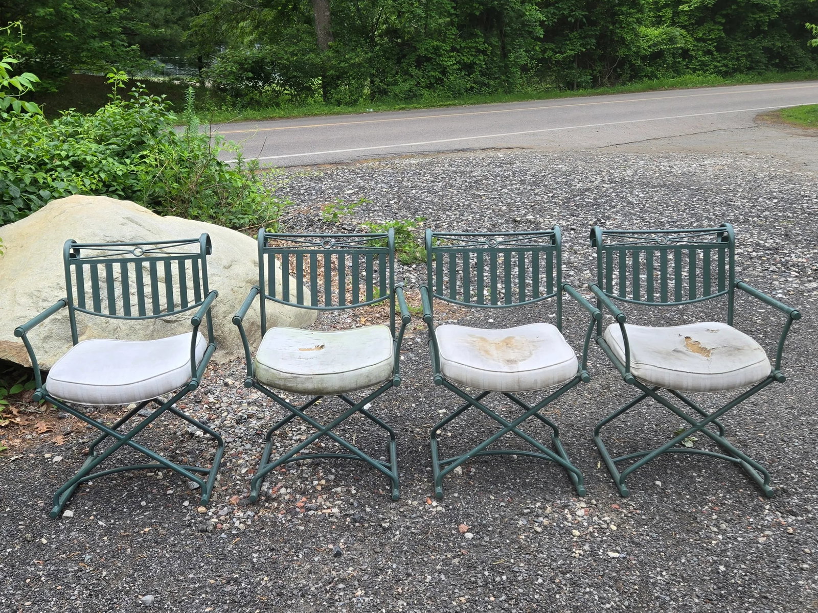 Vintage Wrought Iron Outdoor Patio Table With 4 Directors Chairs - 4
