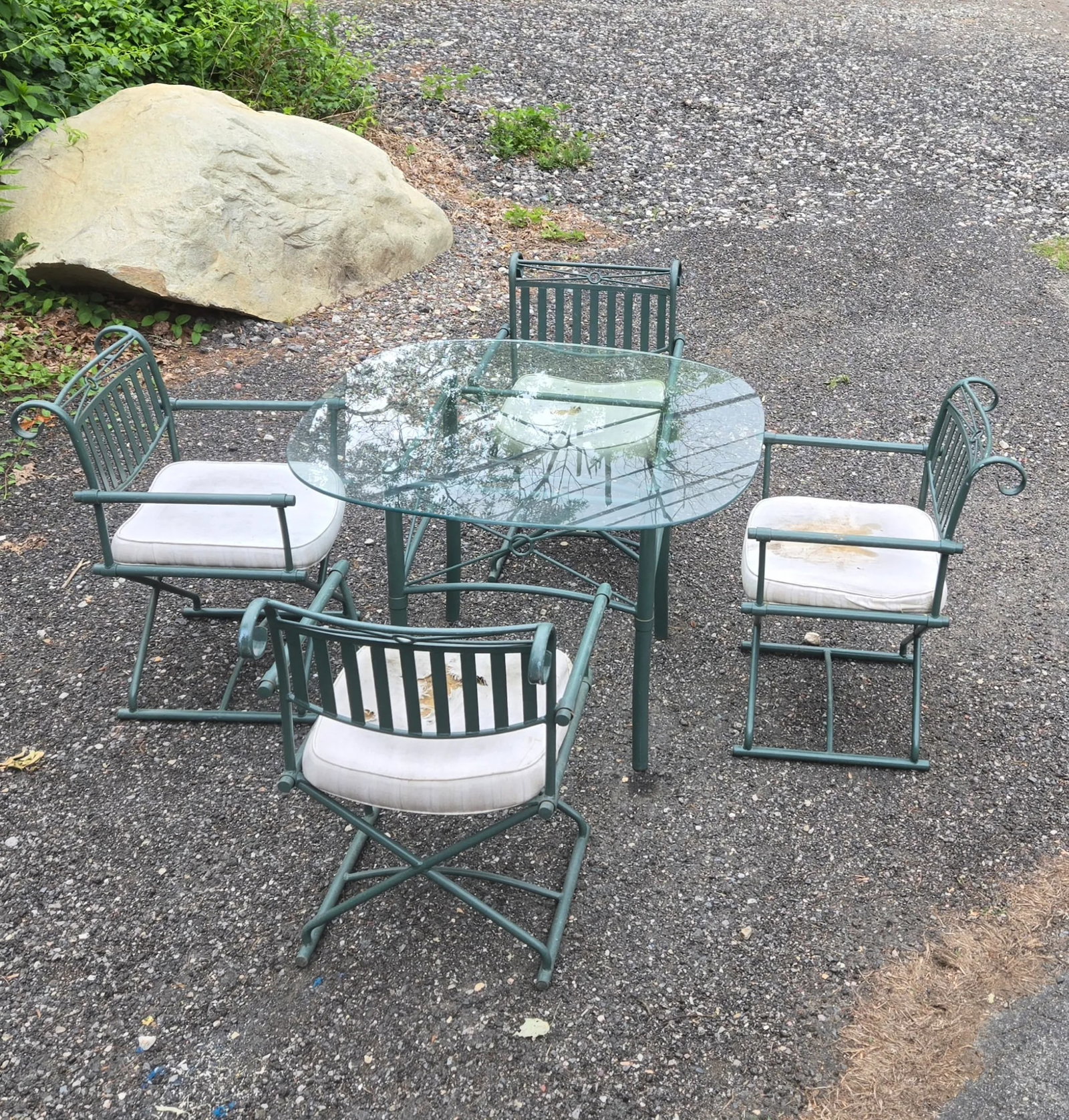 Vintage Wrought Iron Outdoor Patio Table With 4 Directors Chairs - 8