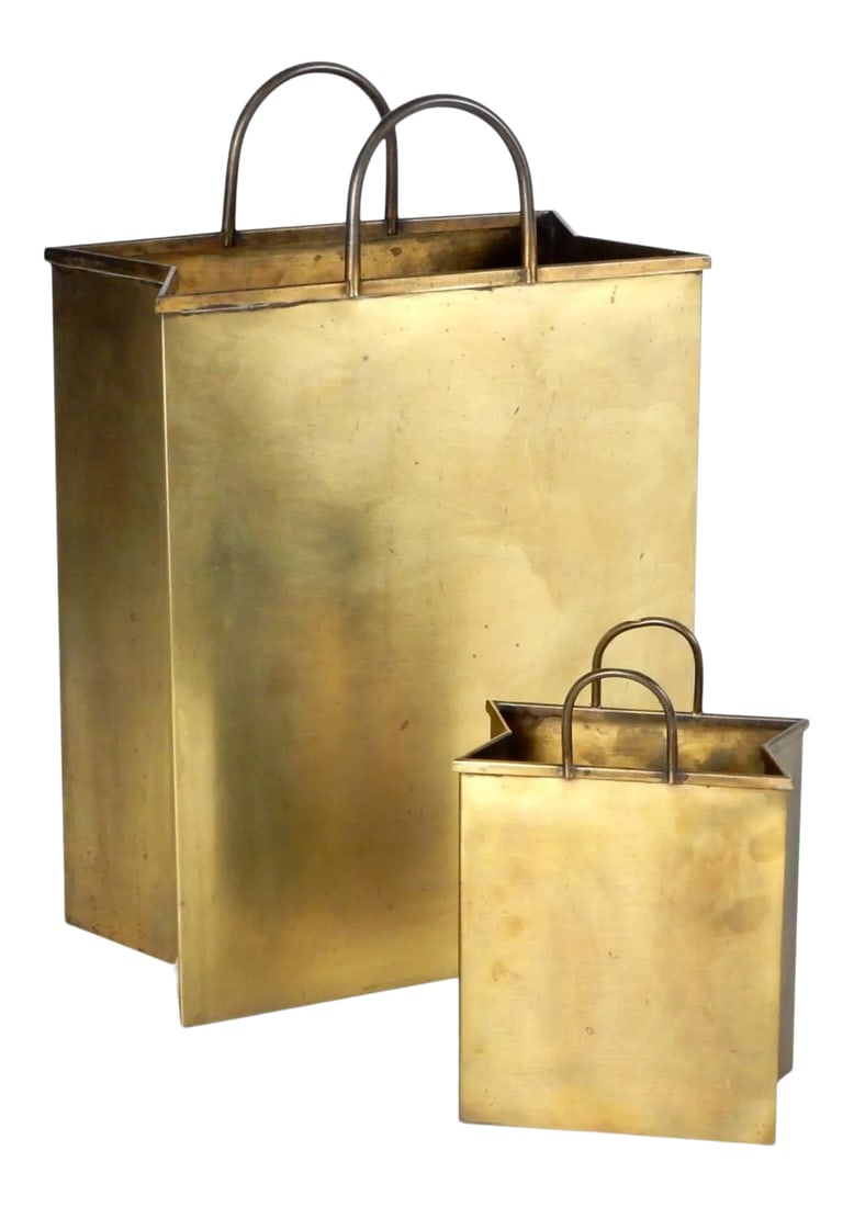 1960's Italian Brass Shopping Bag Set Magazine and Letter Holders - A Pair: Rare set of brass shopping bags from Italy, circa 1960. Both are stamped "made in Italy" on bottom. Fabulous as decoration together or use separate as magazine/letter bin. Both have nice warm aged