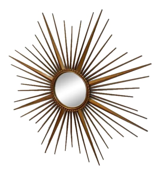 1960s French Chaty Vallauris Sunburst Mirror: Mid Century French Chaty Vallauris sunburst mirror in metal. 33 3/4 diameter. Mirror is 8 inches diameter. Condition: Alterations: Original Condition Unaltered Imperfections: Some Imperfections Condit