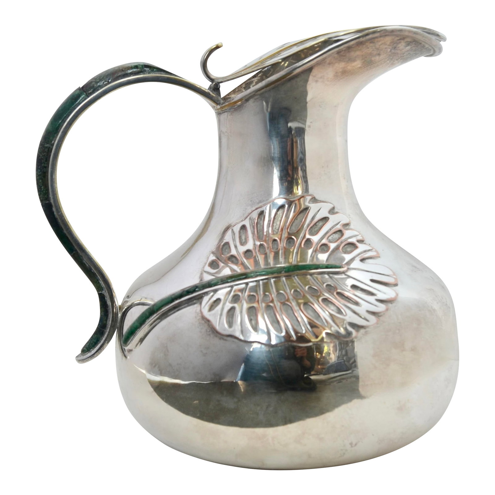 Los Castillo Silverplate Malachite Leaf Pitcher 1960s: A wonderful Los Castillo silverplate pitcher with malachite-inlaid Monstera leaf and leaf lid. Very unique and rare fern leaf lid. c1960s. Condition: Alterations: Original Condition Unaltered
