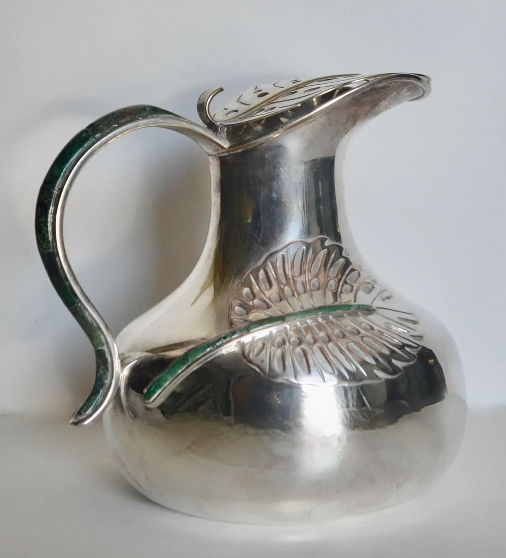 Los Castillo Silverplate Malachite Leaf Pitcher 1960s - 2