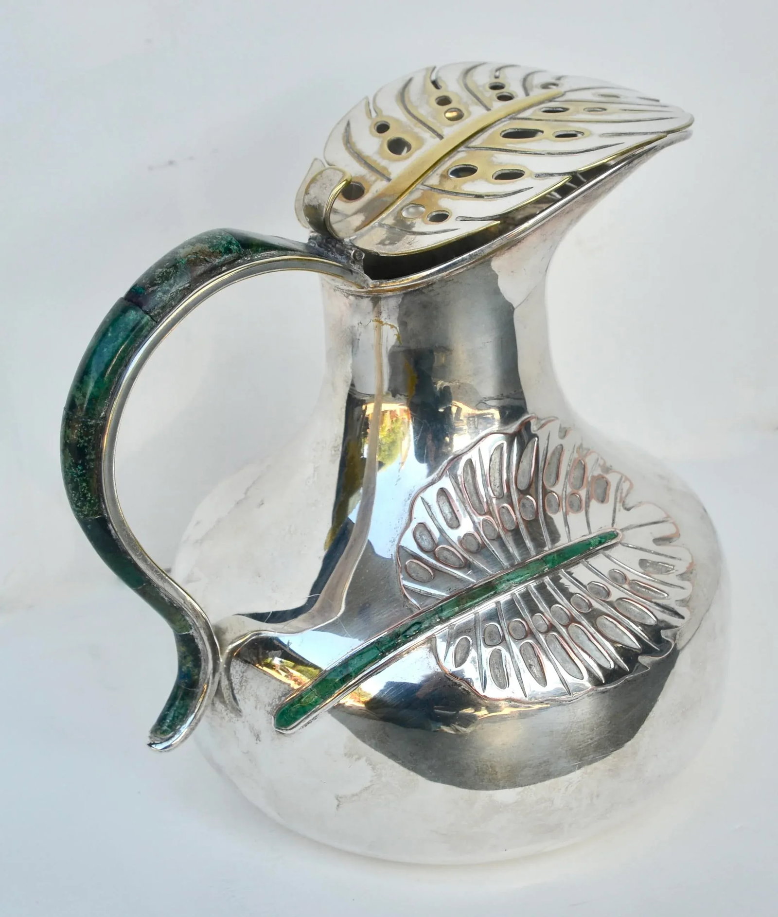 Los Castillo Silverplate Malachite Leaf Pitcher 1960s - 3