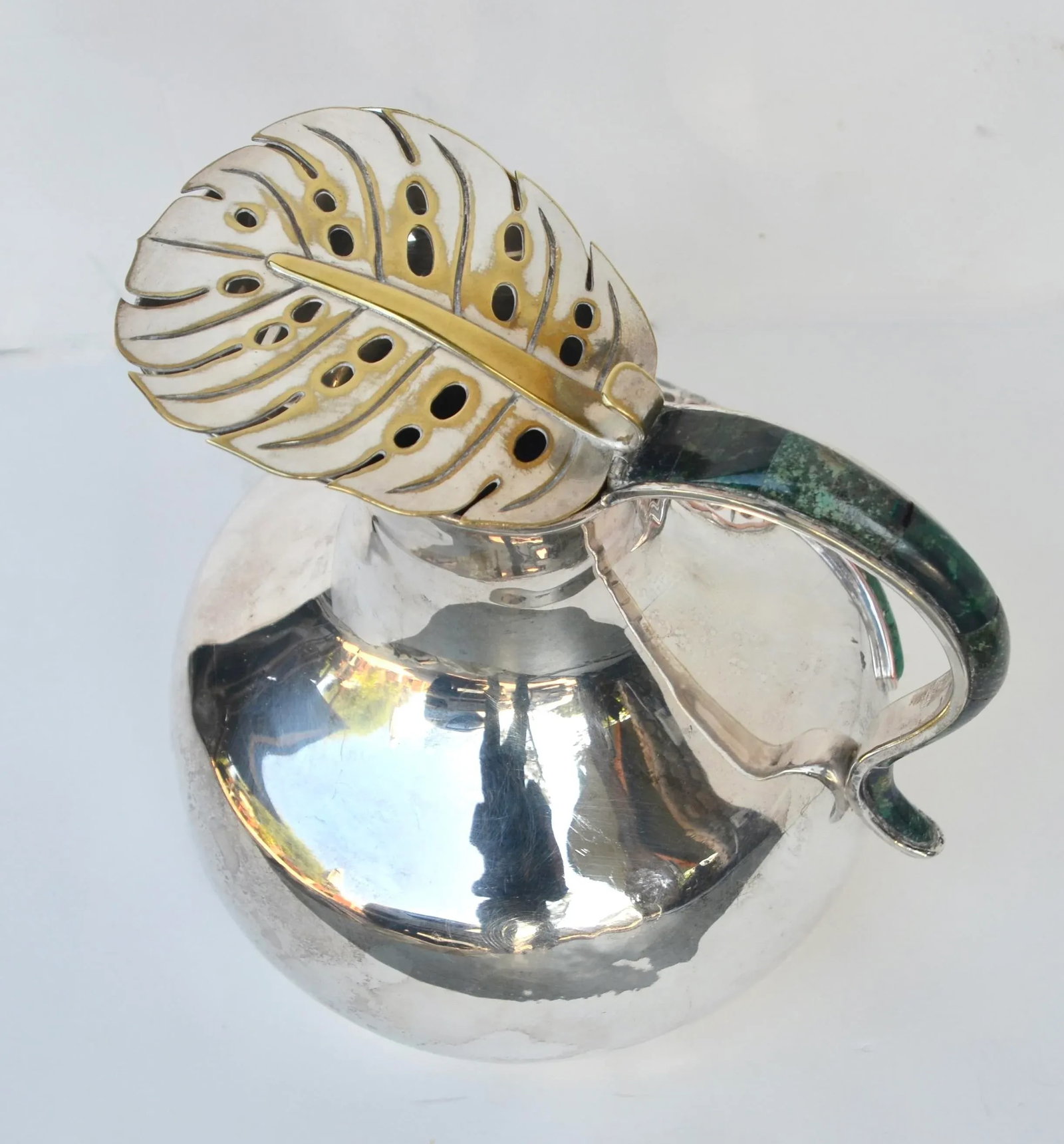 Los Castillo Silverplate Malachite Leaf Pitcher 1960s - 4