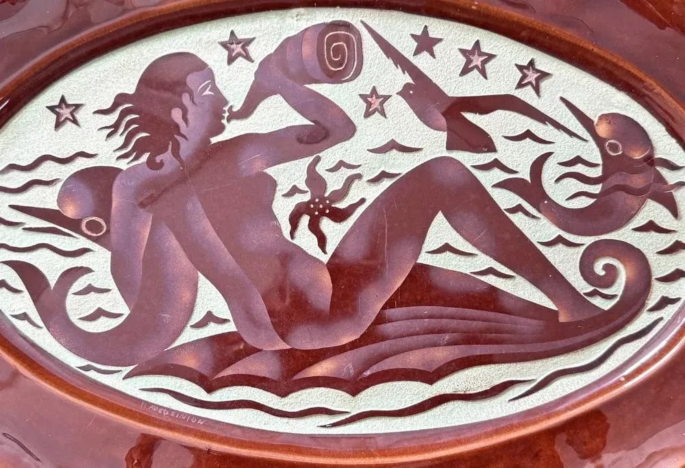 Mermaid With Dolphins & Starfish Art Deco Platter by Mequinion - 2