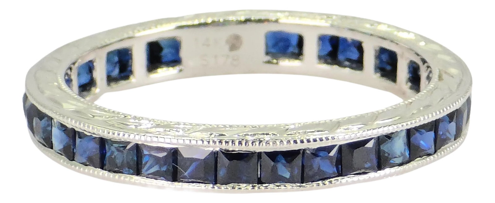 Mid 20th Century Vintage 14k White Gold Ring 2 Ct Natural Sapphire, Elegant Design, Size 6: Sapphire Band Ring Metal Type: 14K White Gold Total Item Weight: 2.3 Grams Ring Size: 6 (Not Resizable) 1: Primary Stone: Sapphire Carat Weight: 2.0 Ct. Stone Color: Blue Stone Cut: French Condition: