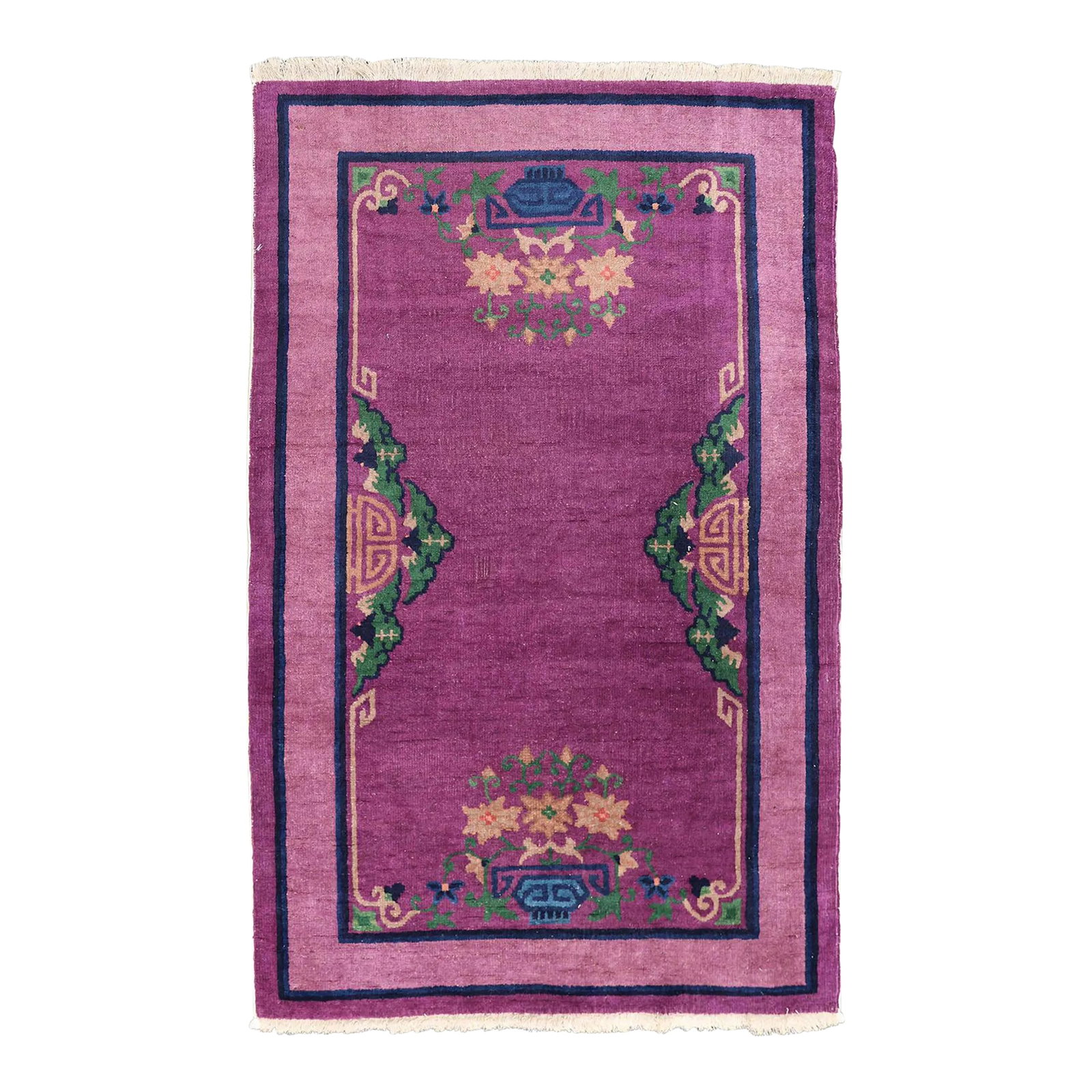 3'x5' Vintage Chinese Art Deco Rug | Purple | Deco Carpet: Discover the allure of a bygone era with this remarkable vintage hand-knotted Chinese Art Deco rug, expertly crafted in the 1920s. Woven from fine wool, this rug presents an exceptionally rare and cap