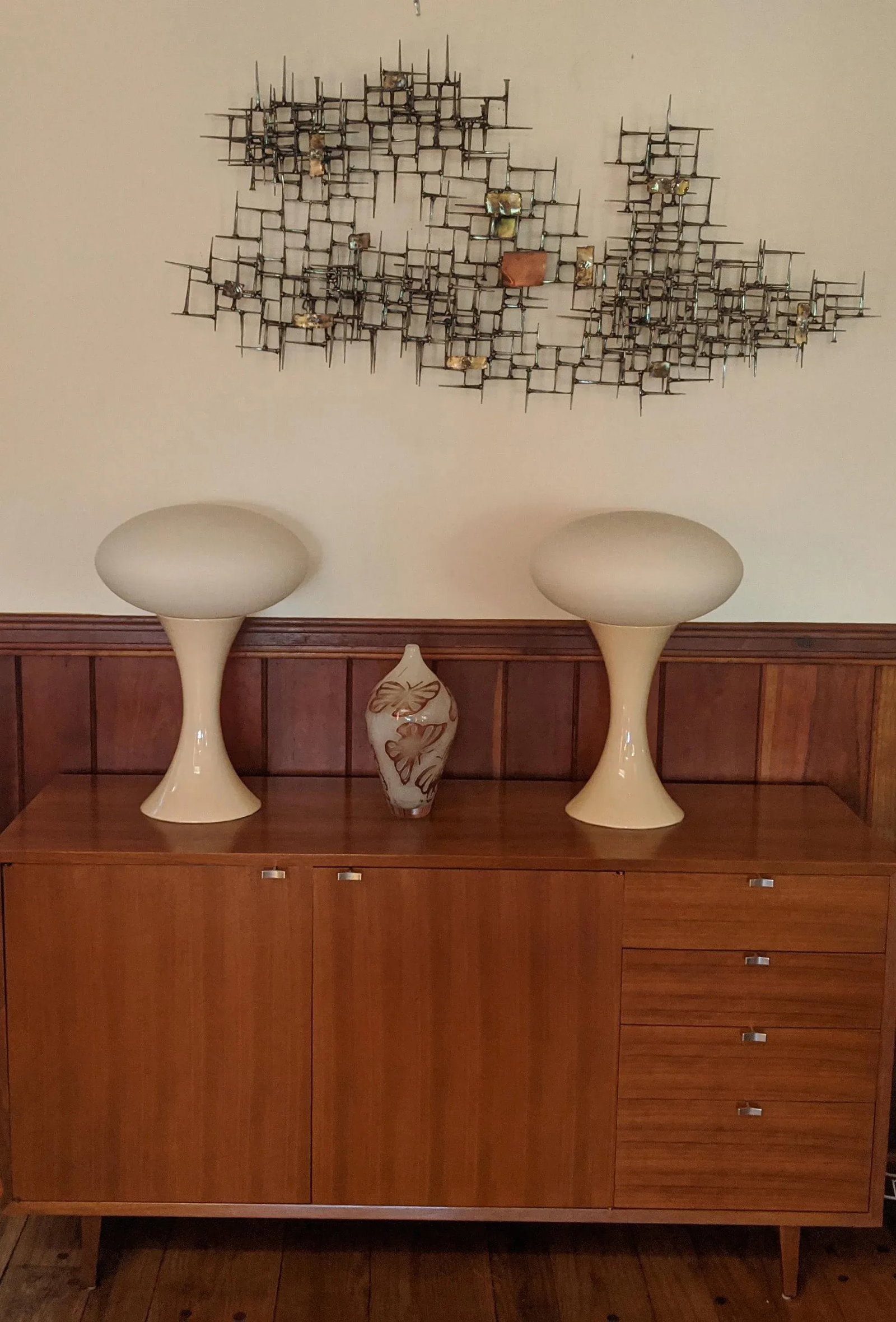 Vintage Large Mushroom Lamps With Ceramic Bases and Glass Shades - a Pair - 2