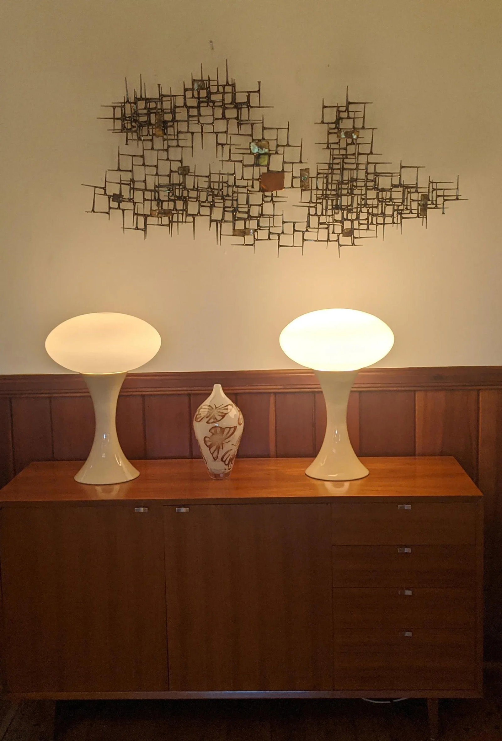 Vintage Large Mushroom Lamps With Ceramic Bases and Glass Shades - a Pair - 3