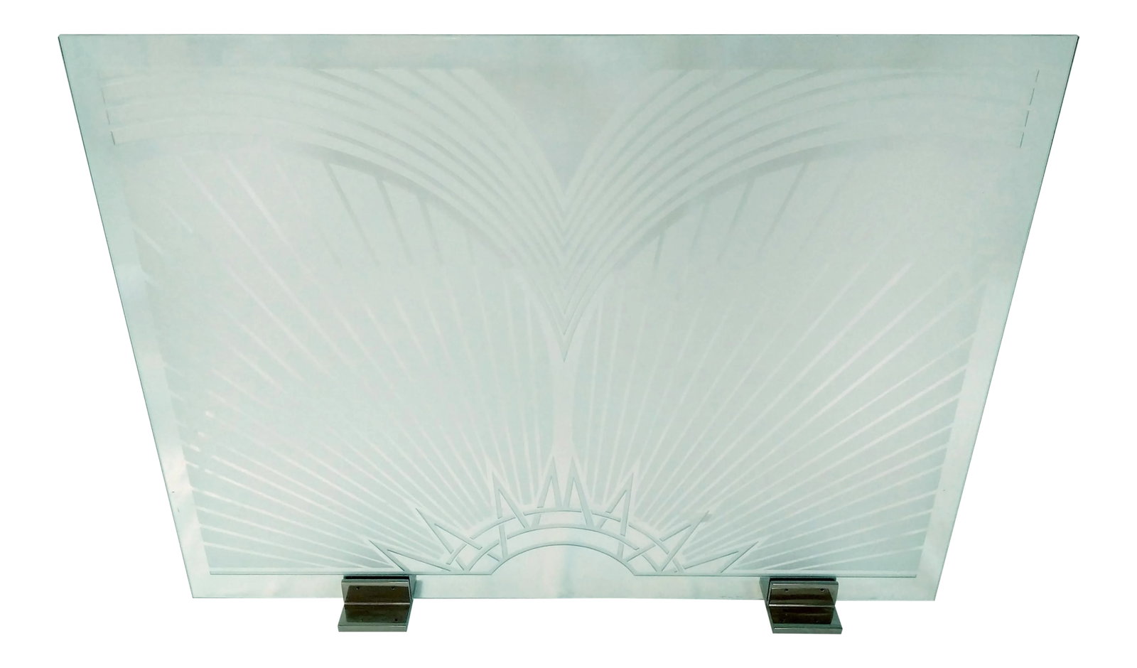 1980s Art Deco Etched Glass and Chrome Fireplace Screen: Gorgeous glass screen with green edged glass and a beautiful art deco etched design. Shiny chrome feet. Photos don't do it justice! The green edge allows for a beautiful seafoam green glow throughout 