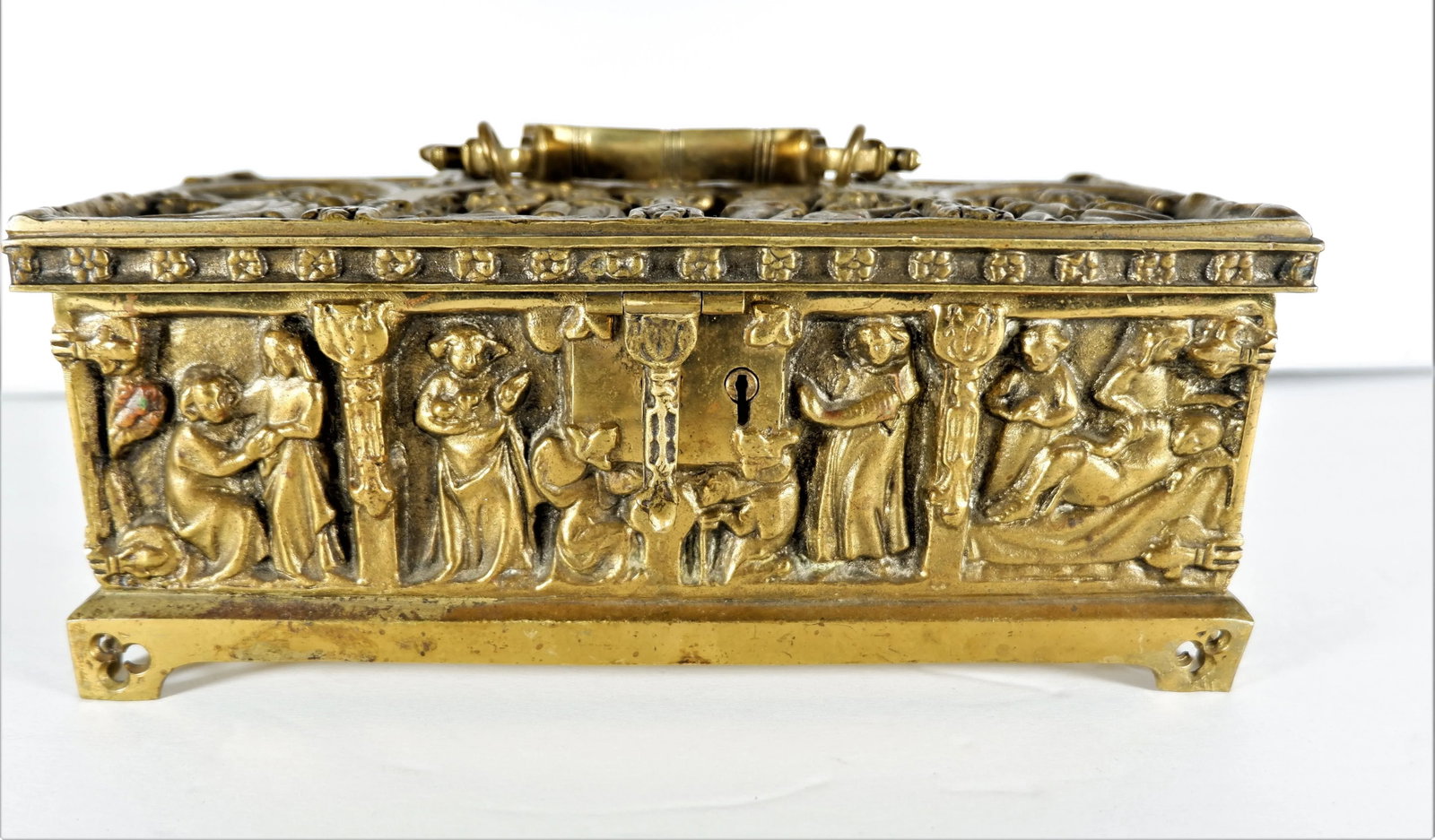 Vintage Brass Relic Casket Box Repose Figures - 9
