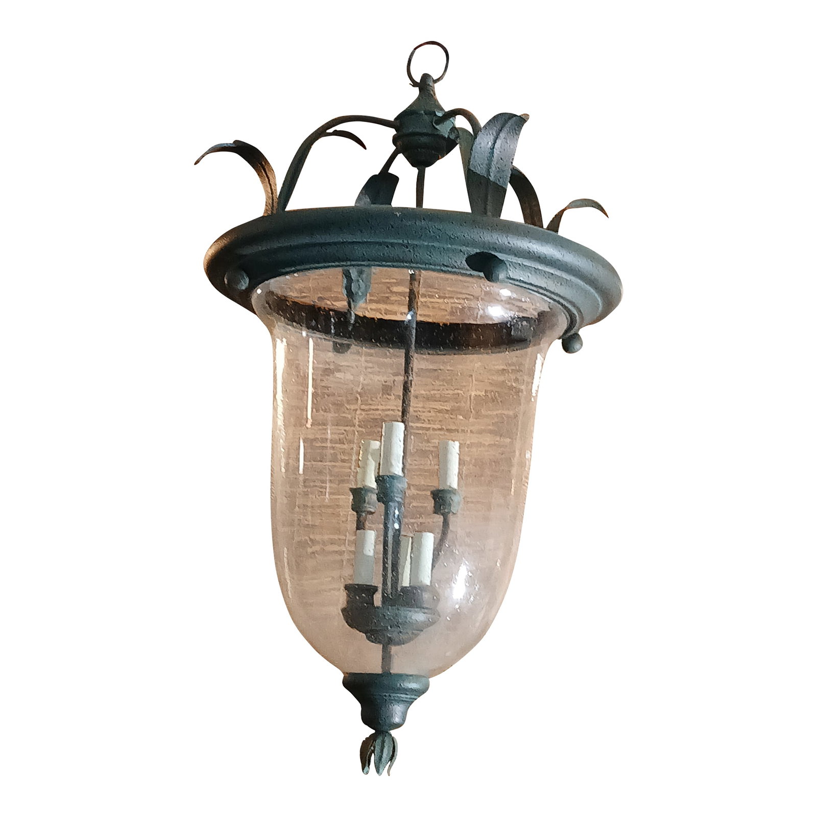 1990s Bell-Form Glass Tole Hanging Chandelier Light Fixture: Bell-shaped glass cloche and faux painted blue patina chandelier lantern with bubbled glass. Gorgeous metal painted with faux bronze patina, in the shape of a flower Bud on the bottom and leaves on