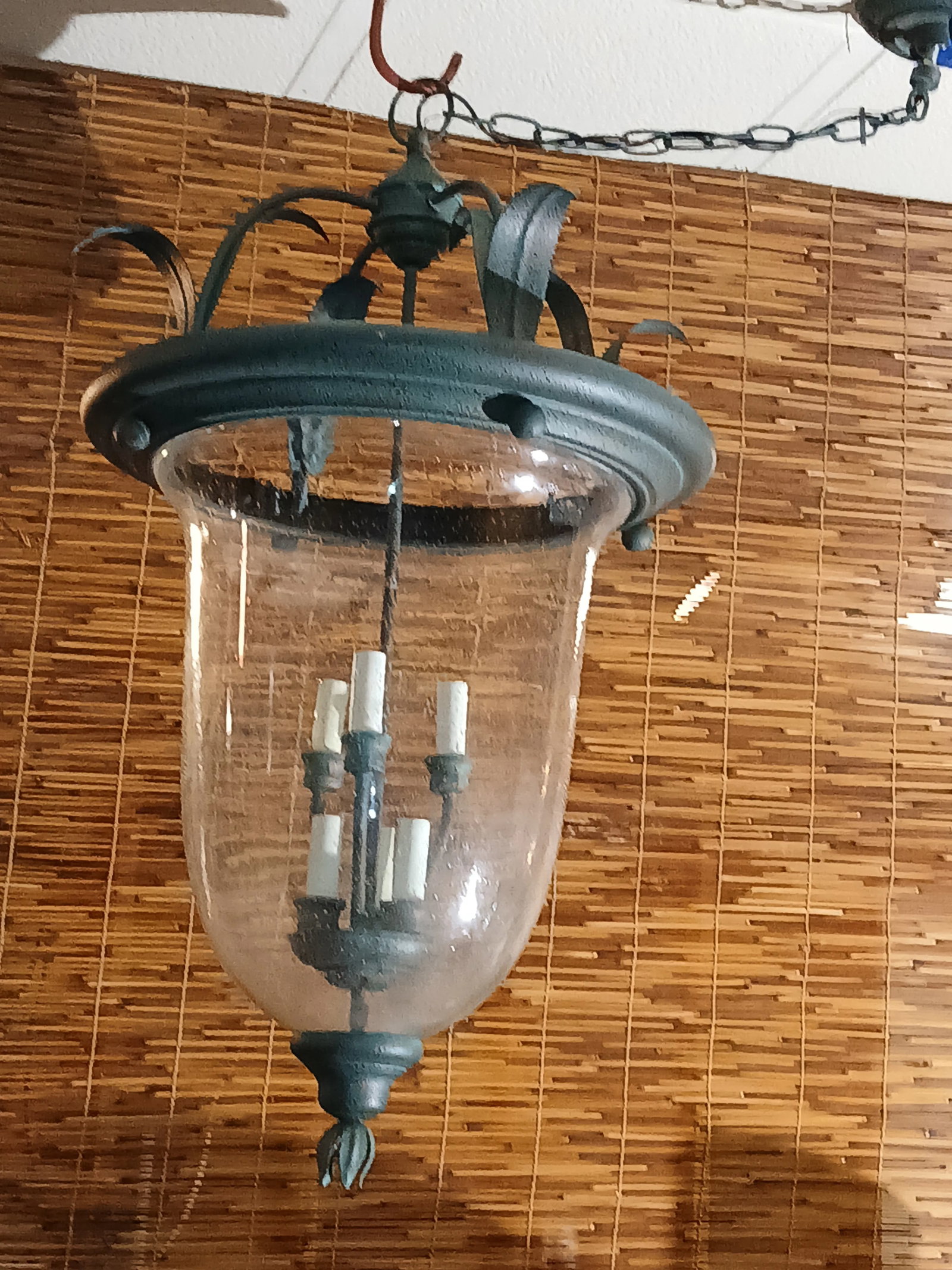 1990s Bell-Form Glass Tole Hanging Chandelier Light Fixture - 5
