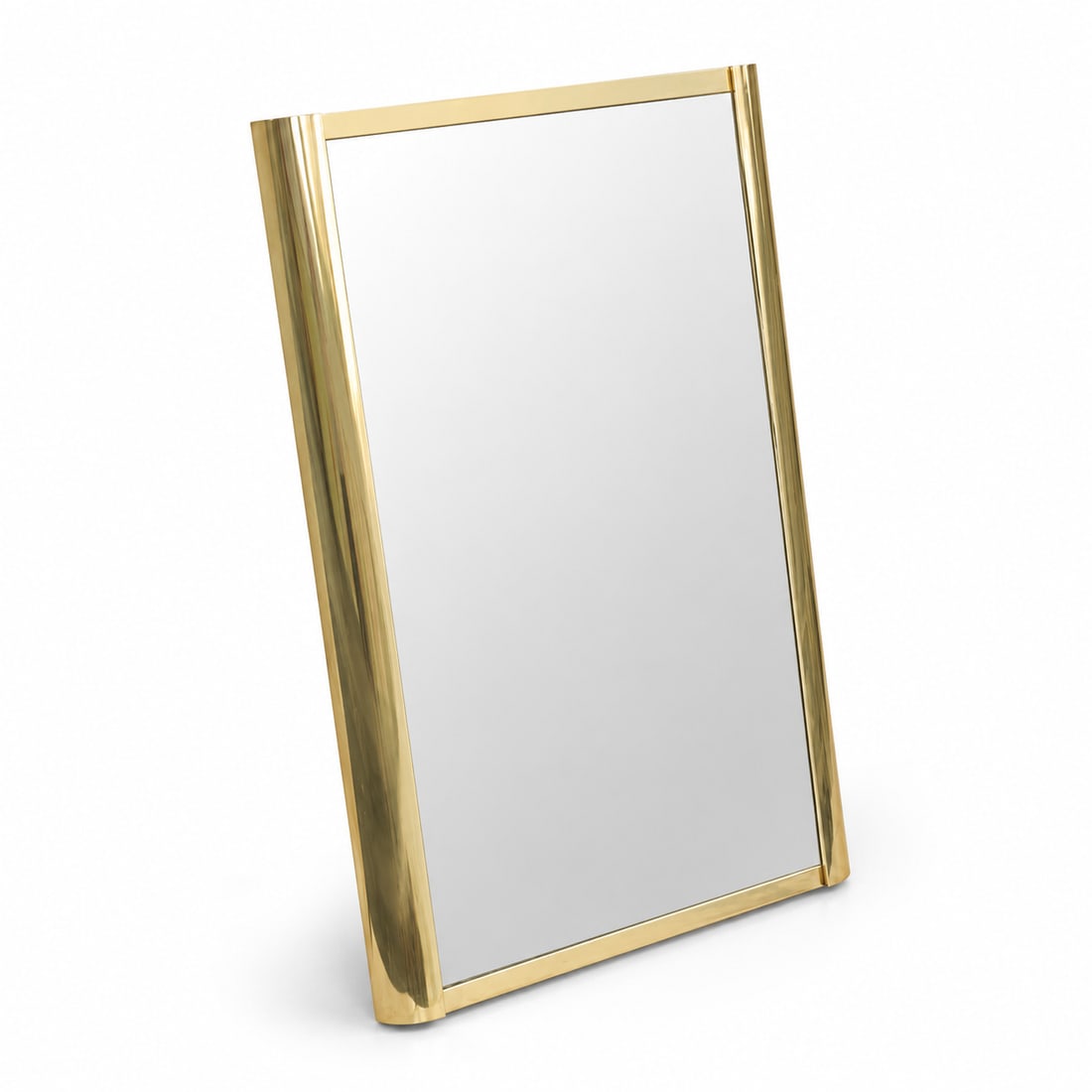 Vintage 1970s Ello Brass Wall Mirror: This is a beautiful vintage 1970s American made Ello furniture brass framed wall mirror. Clean brass frame has rounded edges backed by solid wood framing. Glass has no cracks or chips, subtle black ma
