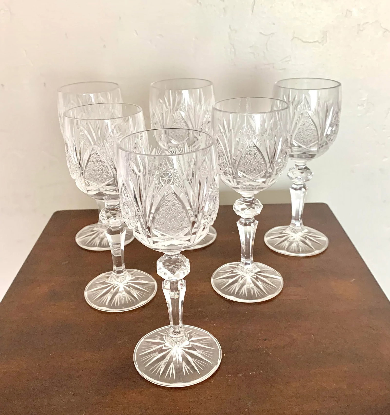 Vintage Czech Micro Cut Clear Crystal White Wine Glasses - Set of 6 - 2