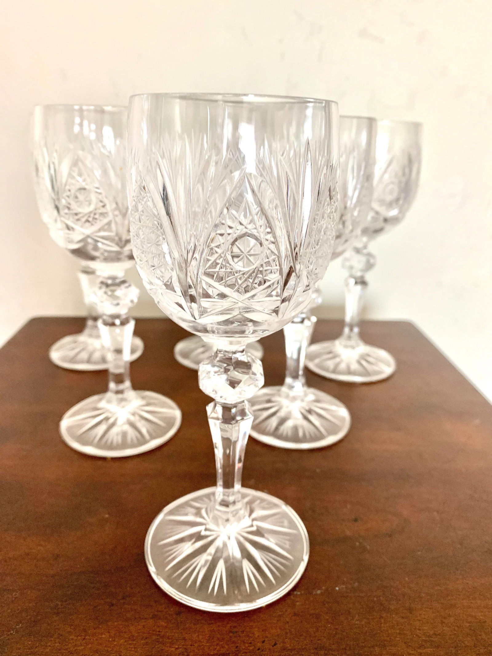 Vintage Czech Micro Cut Clear Crystal White Wine Glasses - Set of 6 - 5