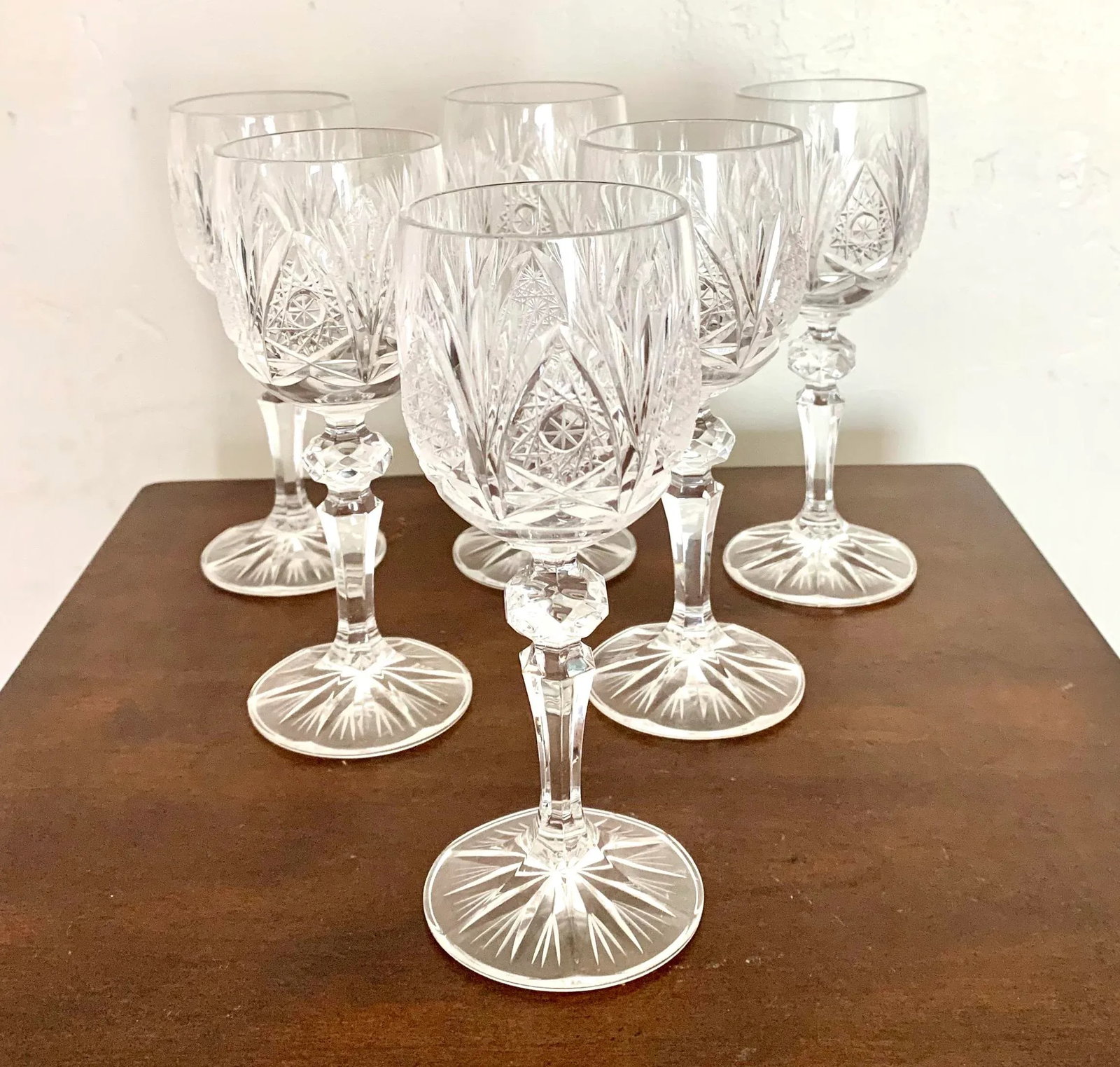 Vintage Czech Micro Cut Clear Crystal White Wine Glasses - Set of 6 - 6