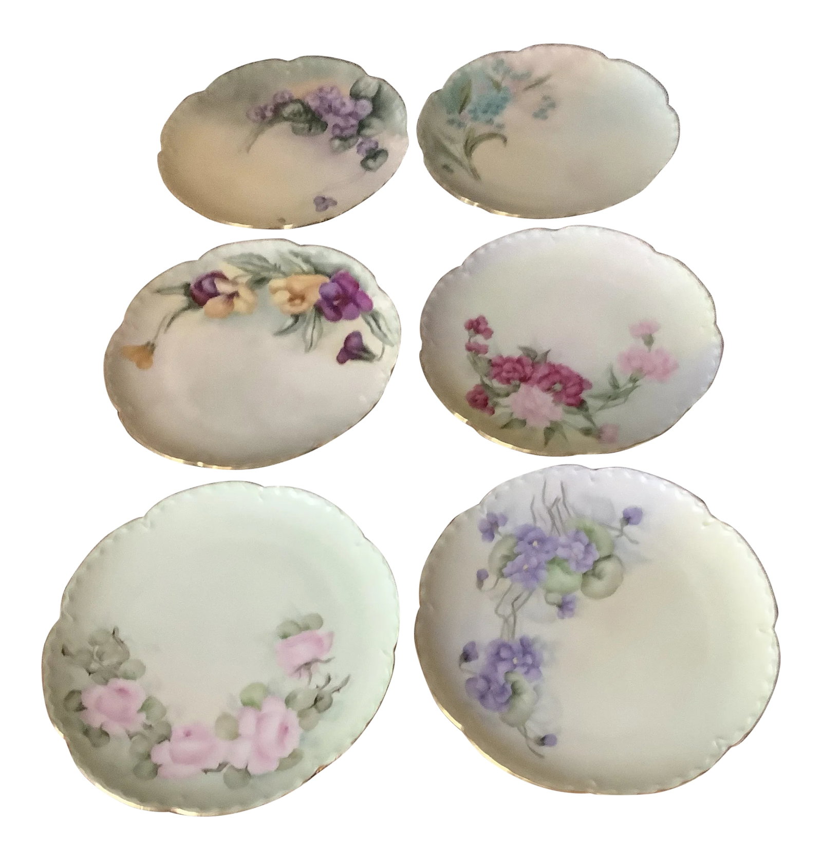 Antique Haviland Limoges Botanical Dessert Plates - Set of 6 \ Handpainted Signed: Antique set of six individually hand painted Limoges, France dessert plates. Each plate features an individual botanical design. Back stamped Haviland France. Some plates signed on back by artist IVB