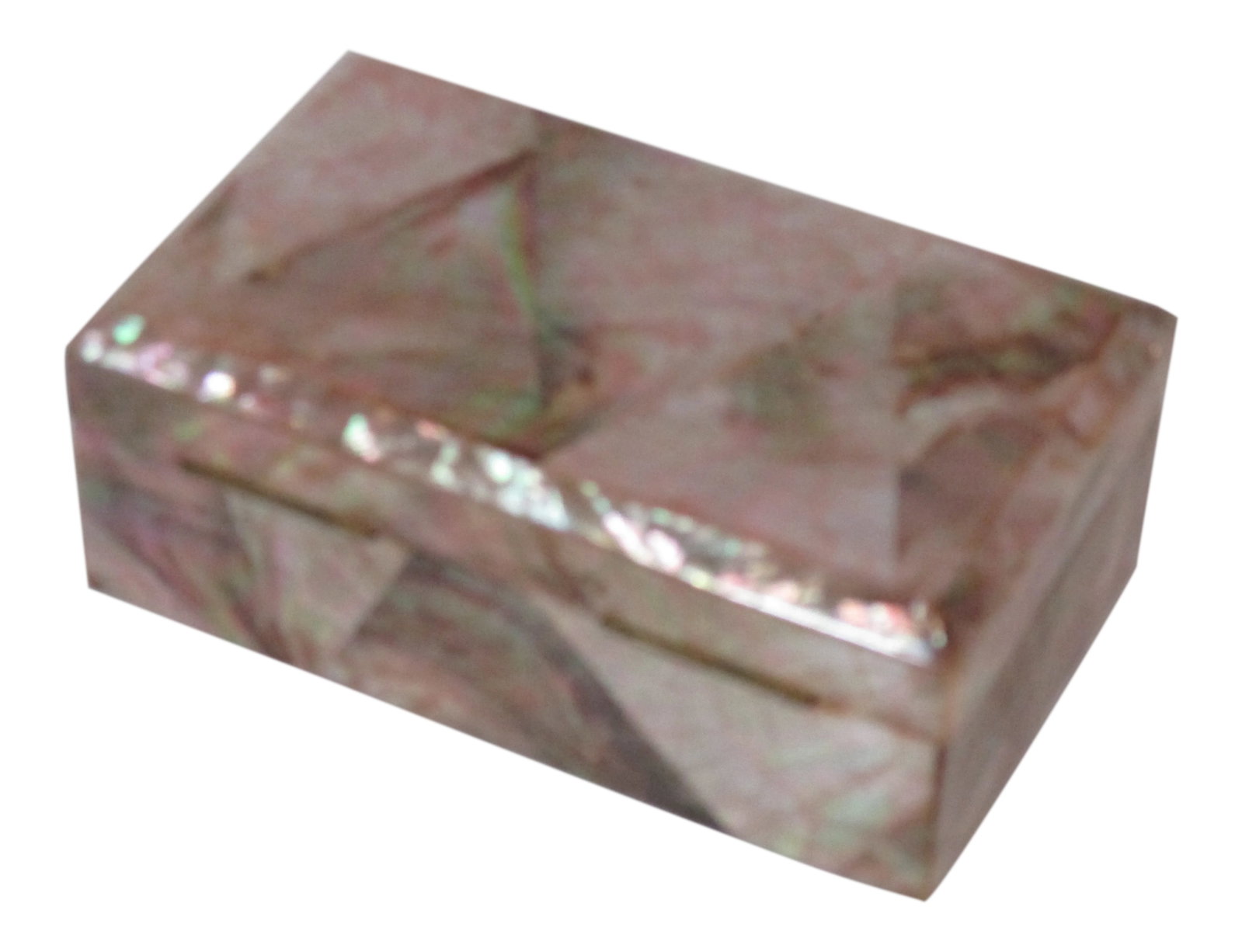 Art Deco Mother of Pearl Box: Mother of pearl rectangular shape Art Deco box. This box is covered with mother of pearl, giving it iridescence colors of pink, teal, champagne and sienna in a "V'' shape design. The top has a