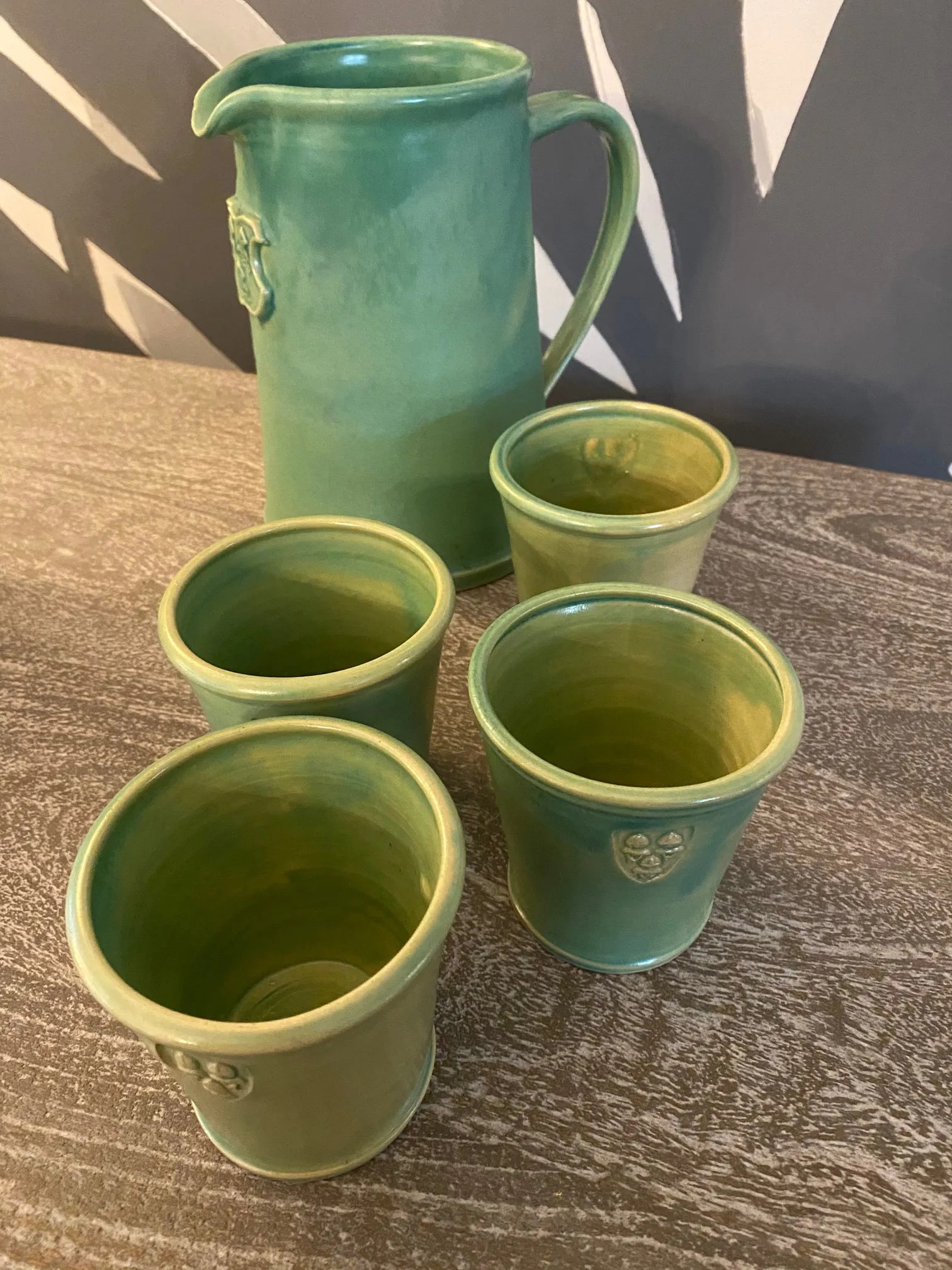 Arts and Crafts Ceramic Pitcher With Cups - 5 Piece Set - 2