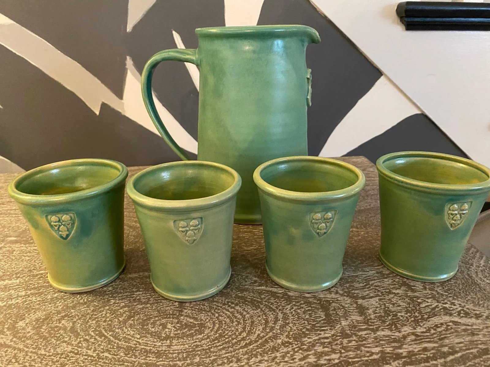 Arts and Crafts Ceramic Pitcher With Cups - 5 Piece Set - 9