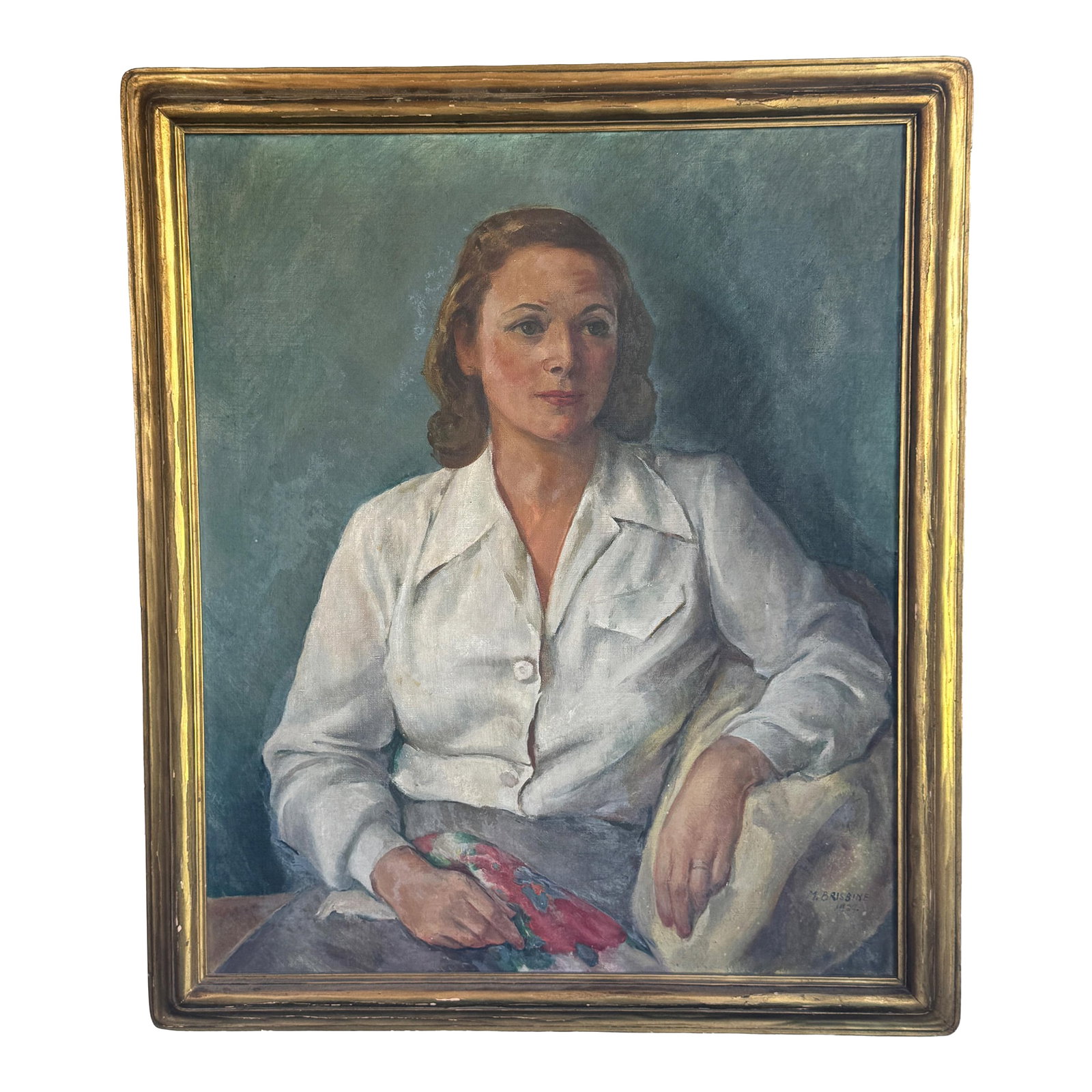Large 1930s Margaret Brisbine Portrait Oil Painting of a Brunette Woman in a White Blouse, Framed (1 of 10)