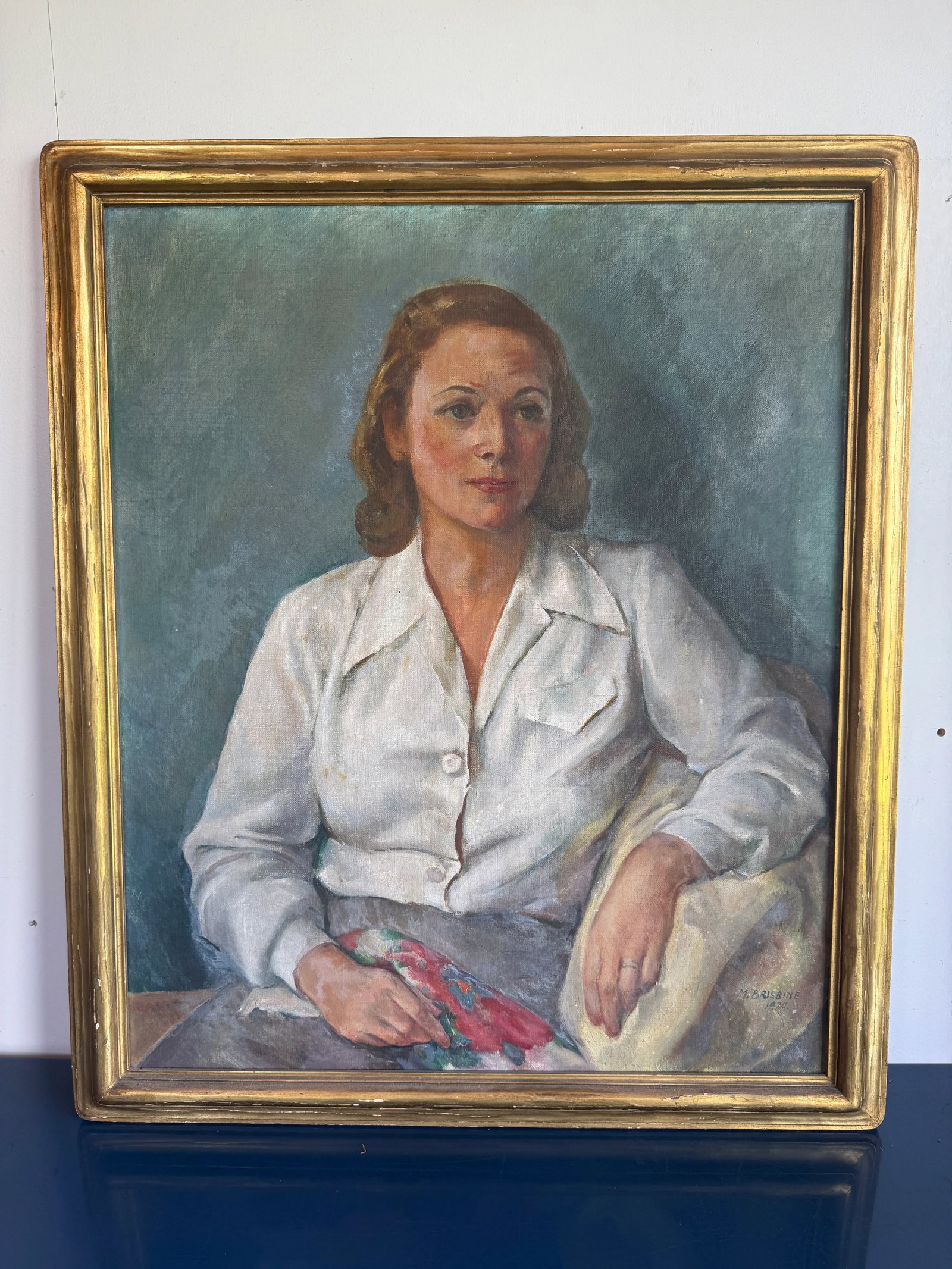 Large 1930s Margaret Brisbine Portrait Oil Painting of a Brunette Woman in a White Blouse, Framed - 2