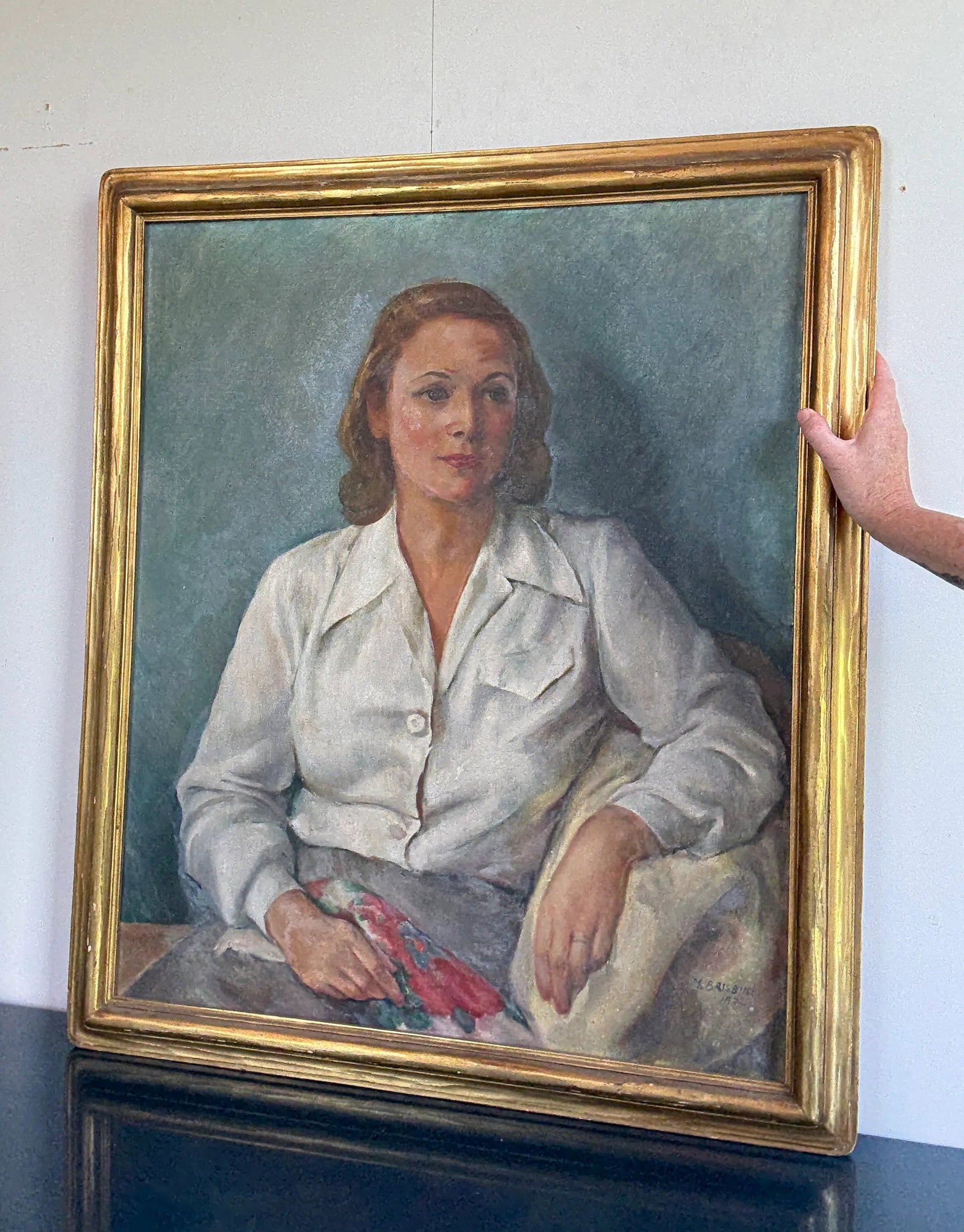 Large 1930s Margaret Brisbine Portrait Oil Painting of a Brunette Woman in a White Blouse, Framed - 3