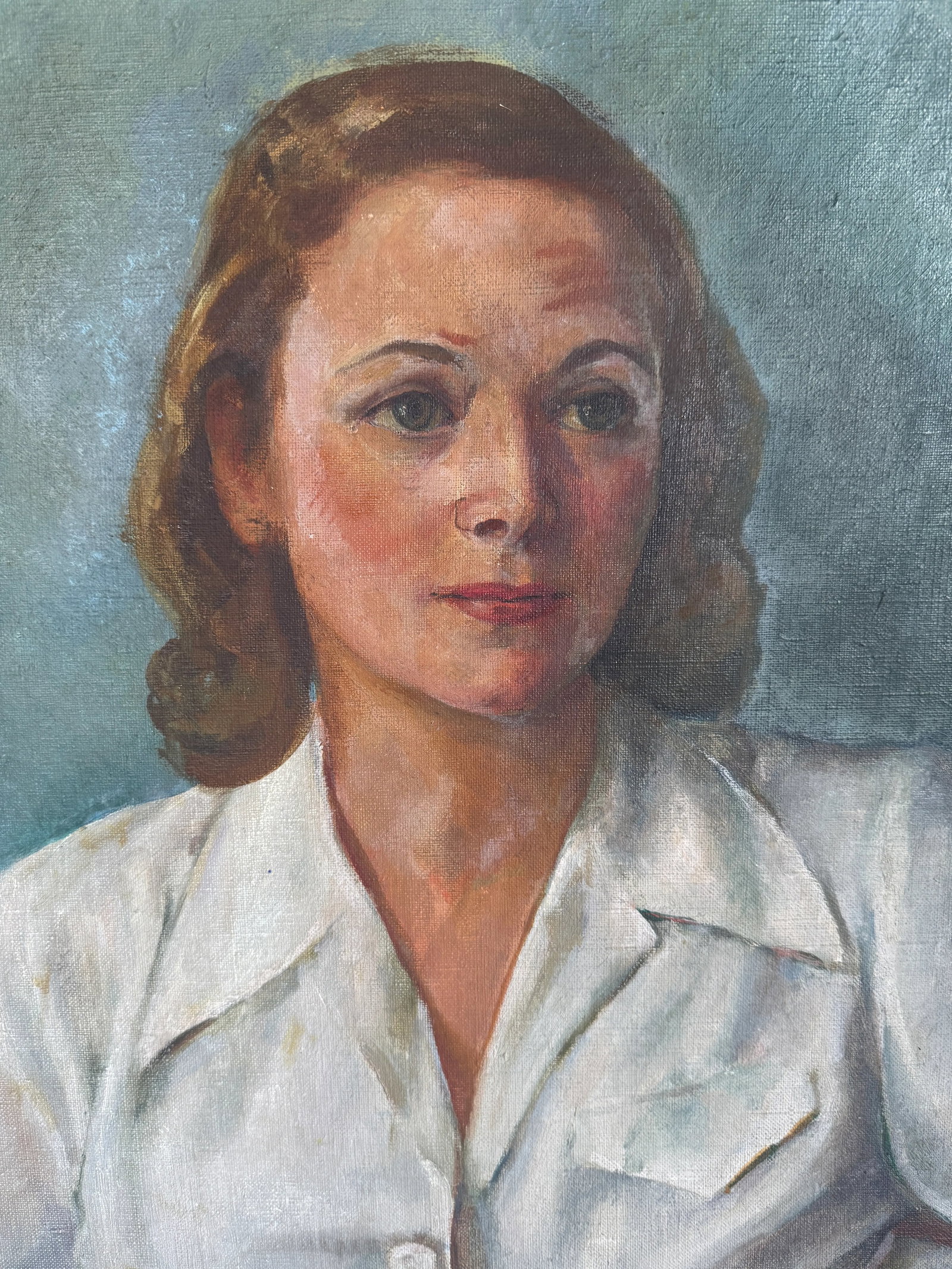 Large 1930s Margaret Brisbine Portrait Oil Painting of a Brunette Woman in a White Blouse, Framed - 5