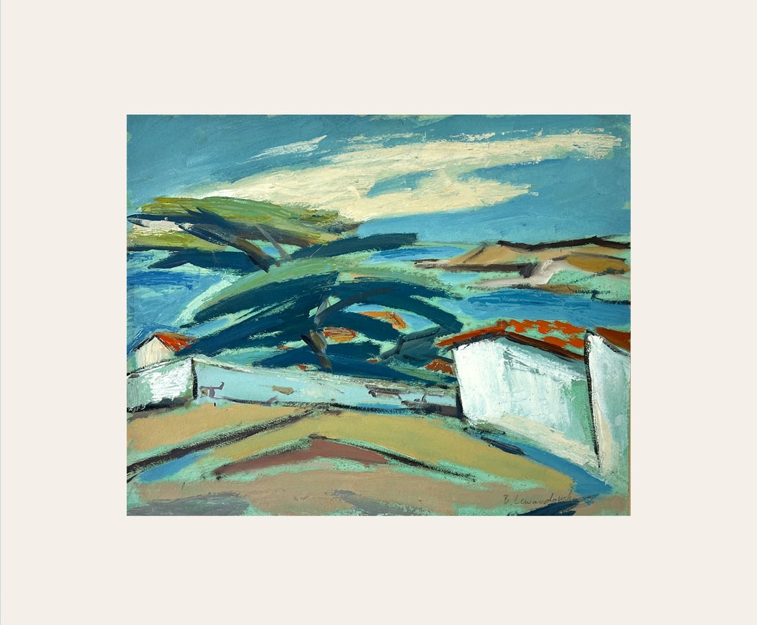 1940s Mid-Century Vintage European Abstract Expressionism Coastal Landscape Painting, Signed by Fren: Bernard Lewandowski (1910-1989) was a 20th-century modern Polish artist who lived and worked in both Poland and France during World War II. Listed in Davenport's Art Reference, Lewandowski's
