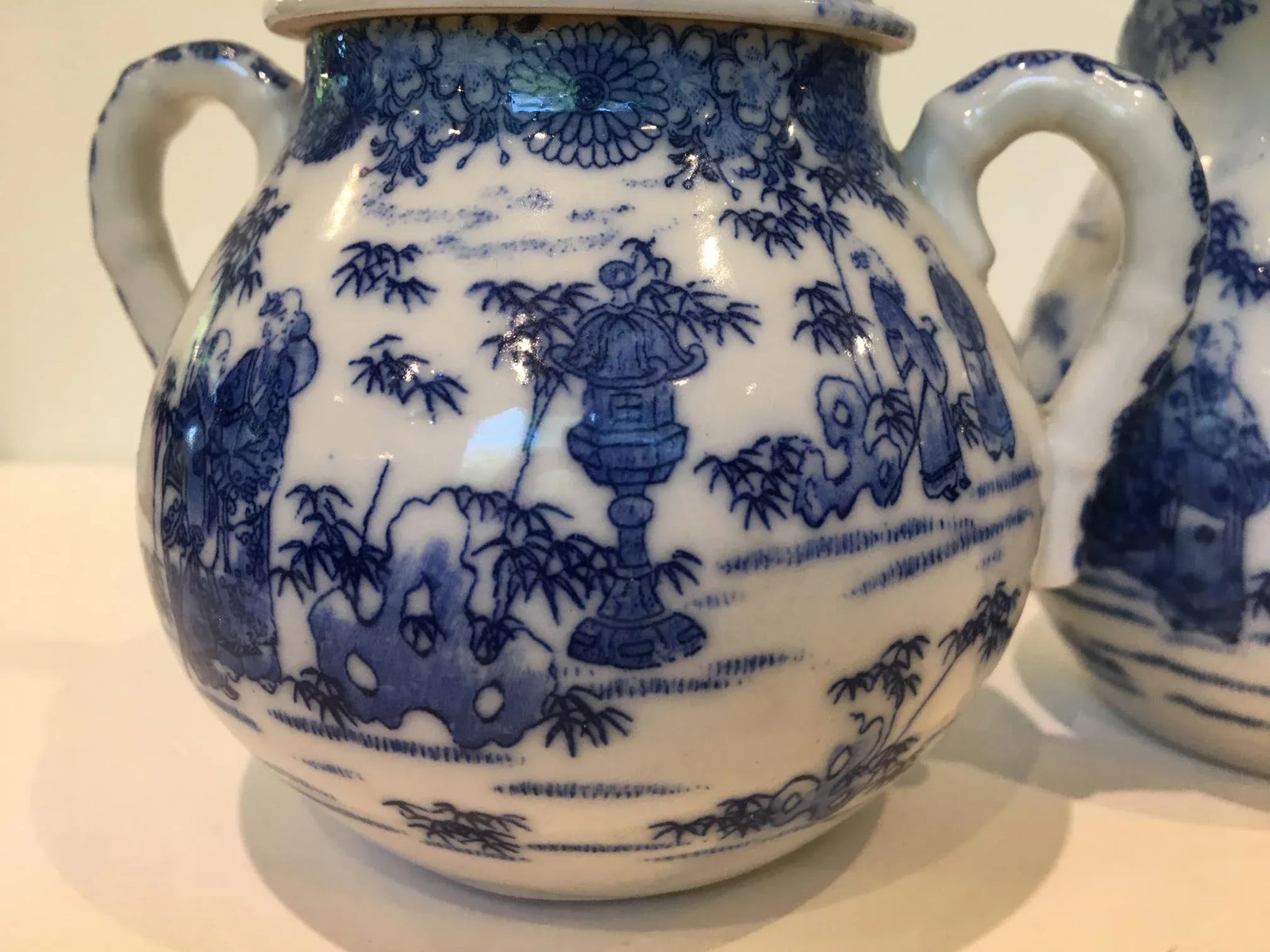 Vintage Chinoiserie Blue and White Creamer and Lidded Sugar Bowl - Set of 2 - 2
