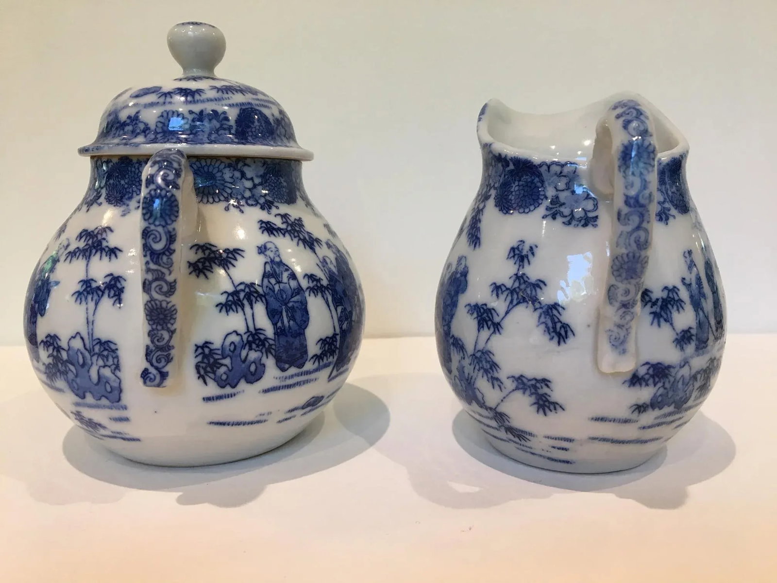 Vintage Chinoiserie Blue and White Creamer and Lidded Sugar Bowl - Set of 2 - 4