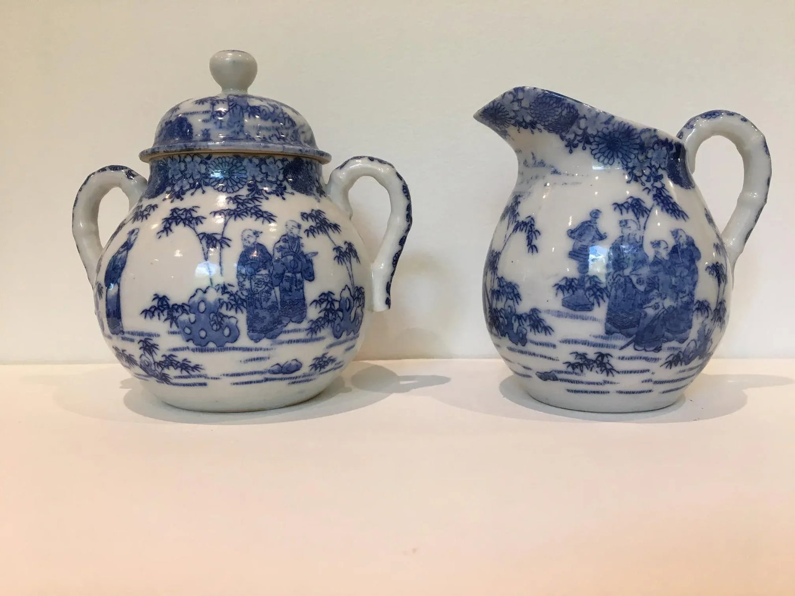 Vintage Chinoiserie Blue and White Creamer and Lidded Sugar Bowl - Set of 2 - 8