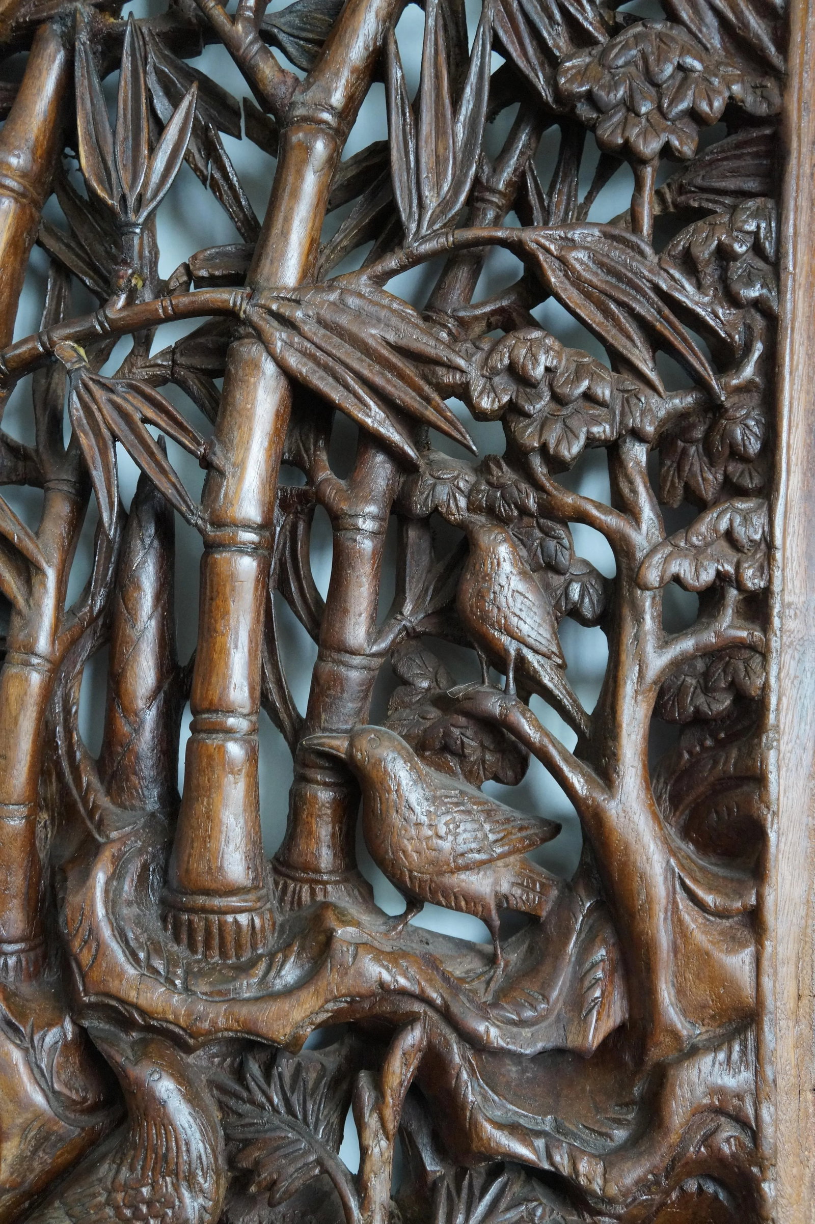 Bold Wood Carvings of Bamboo and Plum Blossoms in Two Panels - 10
