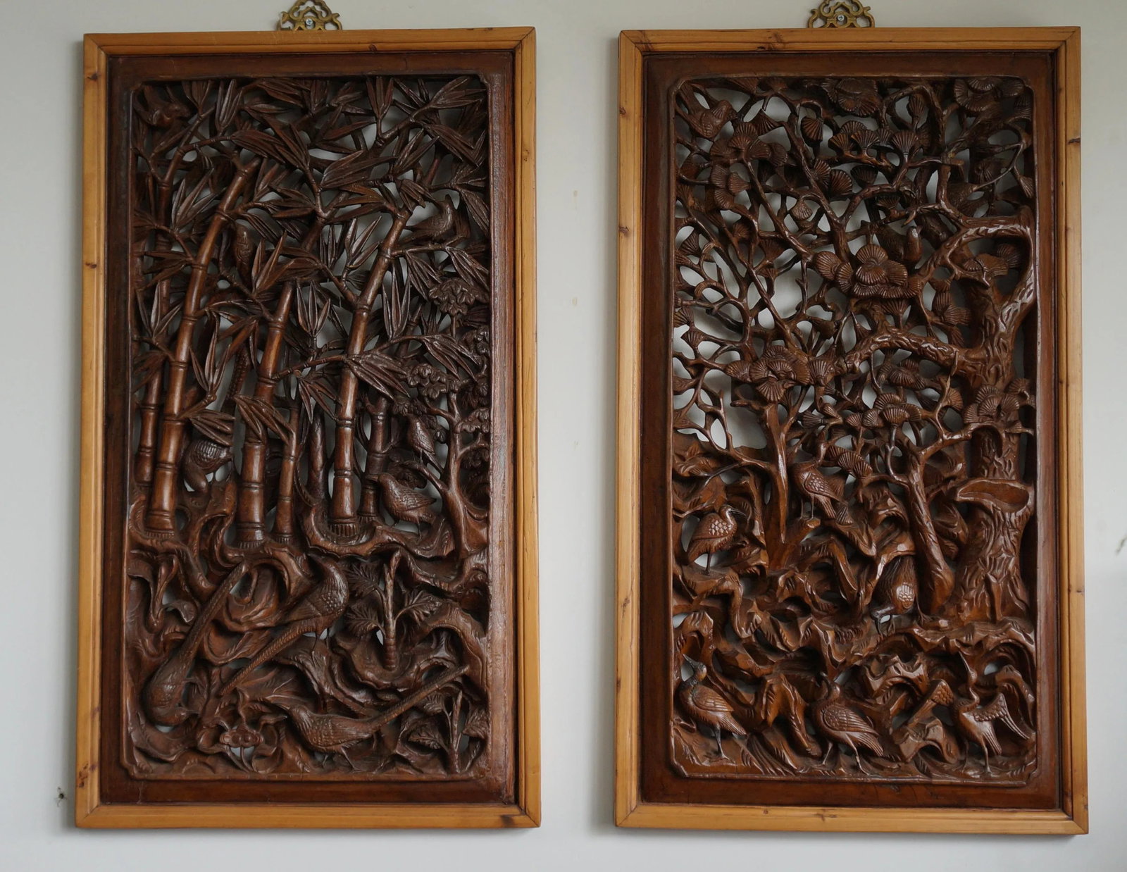 Bold Wood Carvings of Bamboo and Plum Blossoms in Two Panels - 13